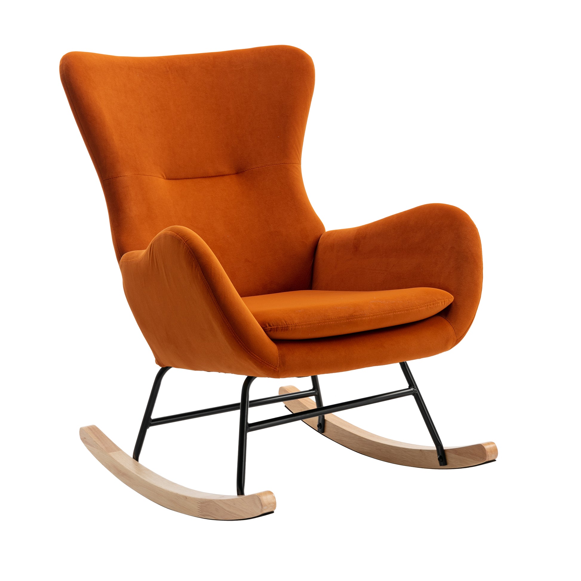 Velvet Fabric Padded Seat Rocking Chair With High Backrest And Armrests Orange Foam Upholstered