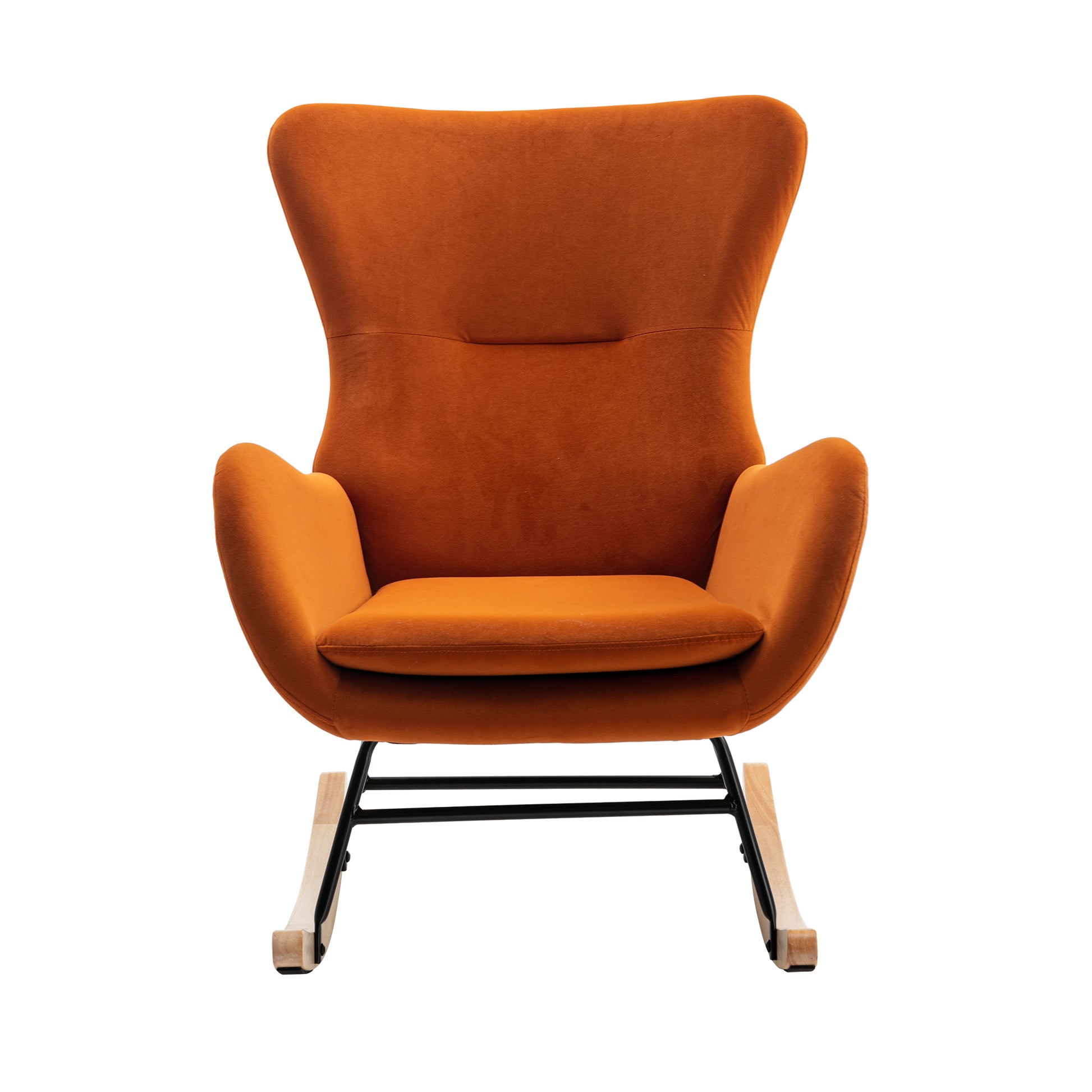Velvet Fabric Padded Seat Rocking Chair With High Backrest And Armrests Orange Foam Upholstered