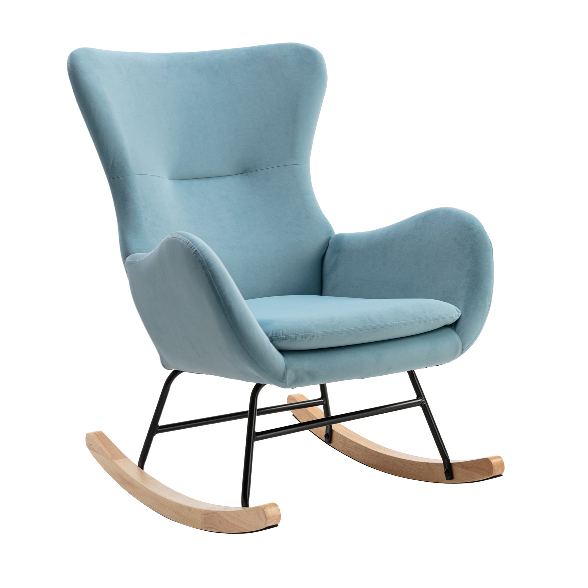 Velvet Fabric Padded Seat Rocking Chair With High Backrest And Armrests Light Blue Foam Upholstered