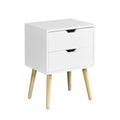 Side Table With 2 Drawer And Rubber Wood Legs, Mid Century Modern Storage Cabinet For Bedroom Living Room Furniture, White White Mdf