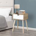 Side Table With 1 Drawer And Rubber Wood Legs, Mid Century Modern Storage Cabinet For Bedroom Living Room Furniture, White With Solid Wood Color Natural Mdf