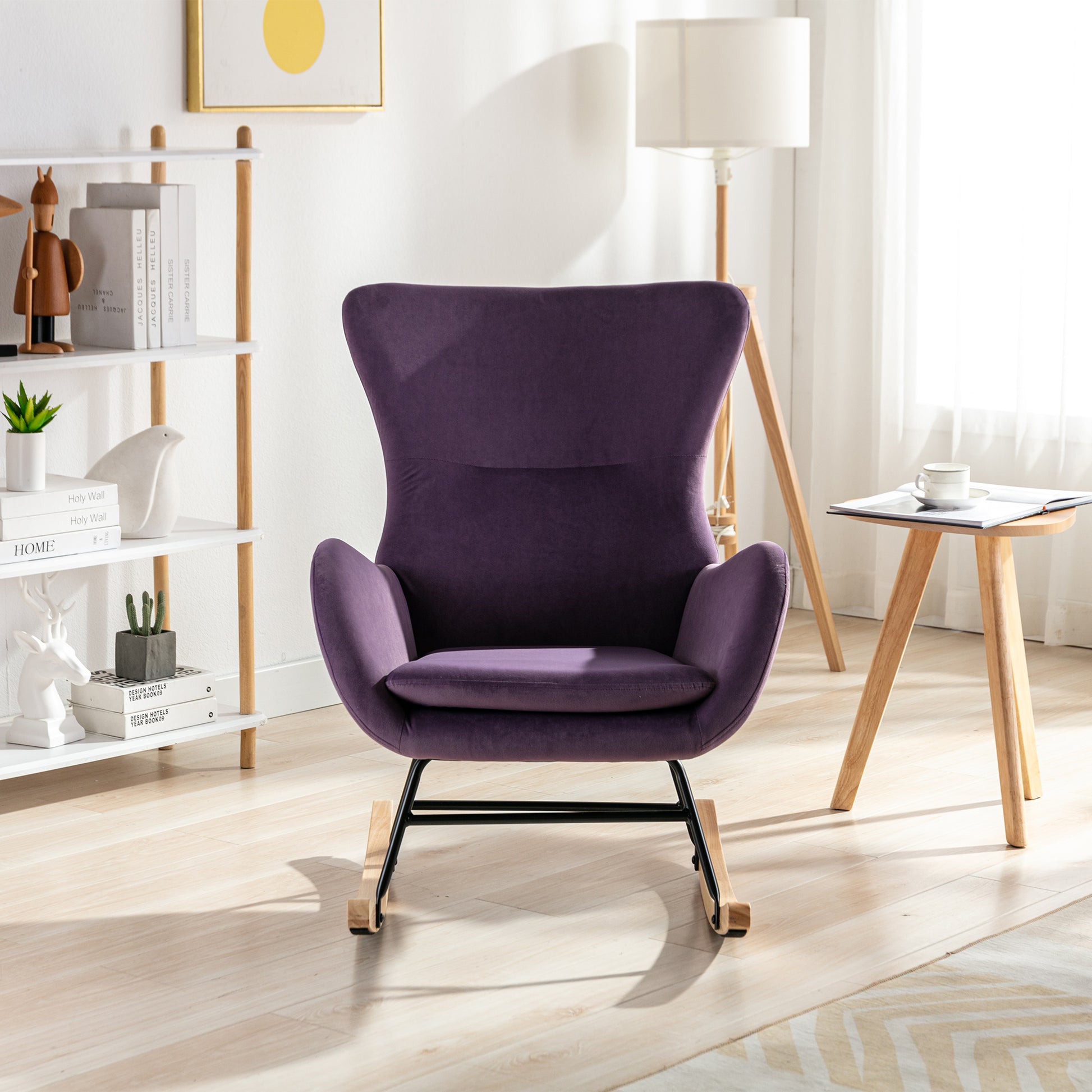 Velvet Fabric Padded Seat Rocking Chair With High Backrest And Armrests Purple Foam Upholstered