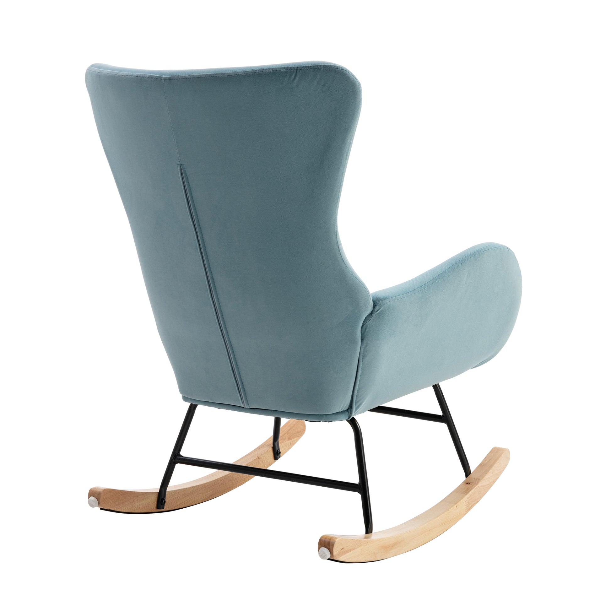 Velvet Fabric Padded Seat Rocking Chair With High Backrest And Armrests Light Blue Foam Upholstered