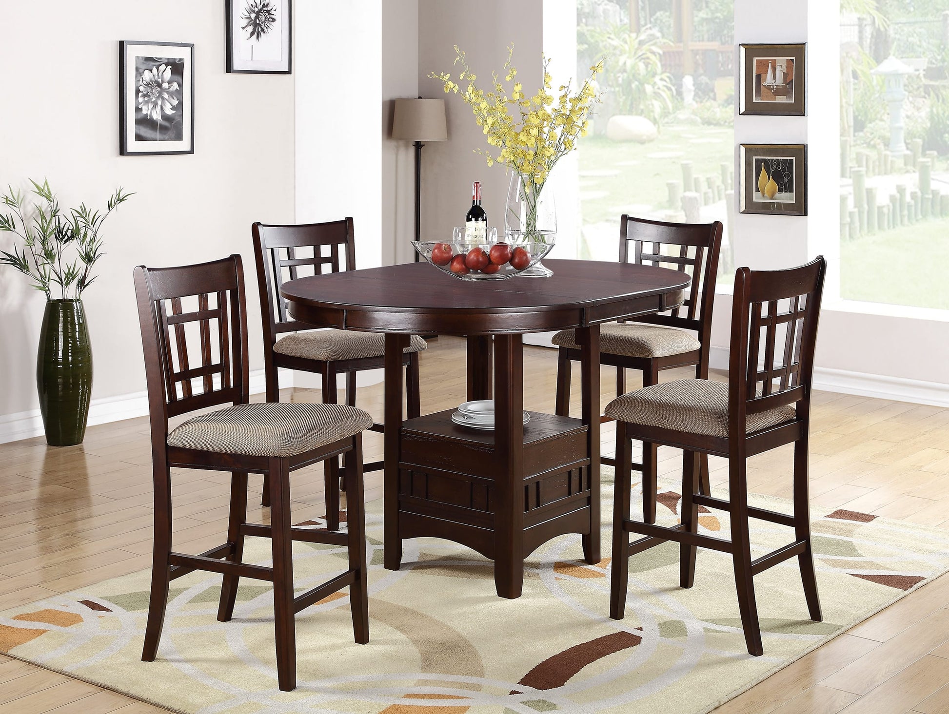 Contemporary Dining Room Counter Height 5Pc Dining Set Round Table W Leaf & 4X Side Chairs Dark Rosy Brown Finish Solid Wood Light Brown Wood Dining Room Solid Wood Rubberwood Round Dining Table With Chair Wood Wood Brown Mix Seats 4 42 Inches Drop Leaf