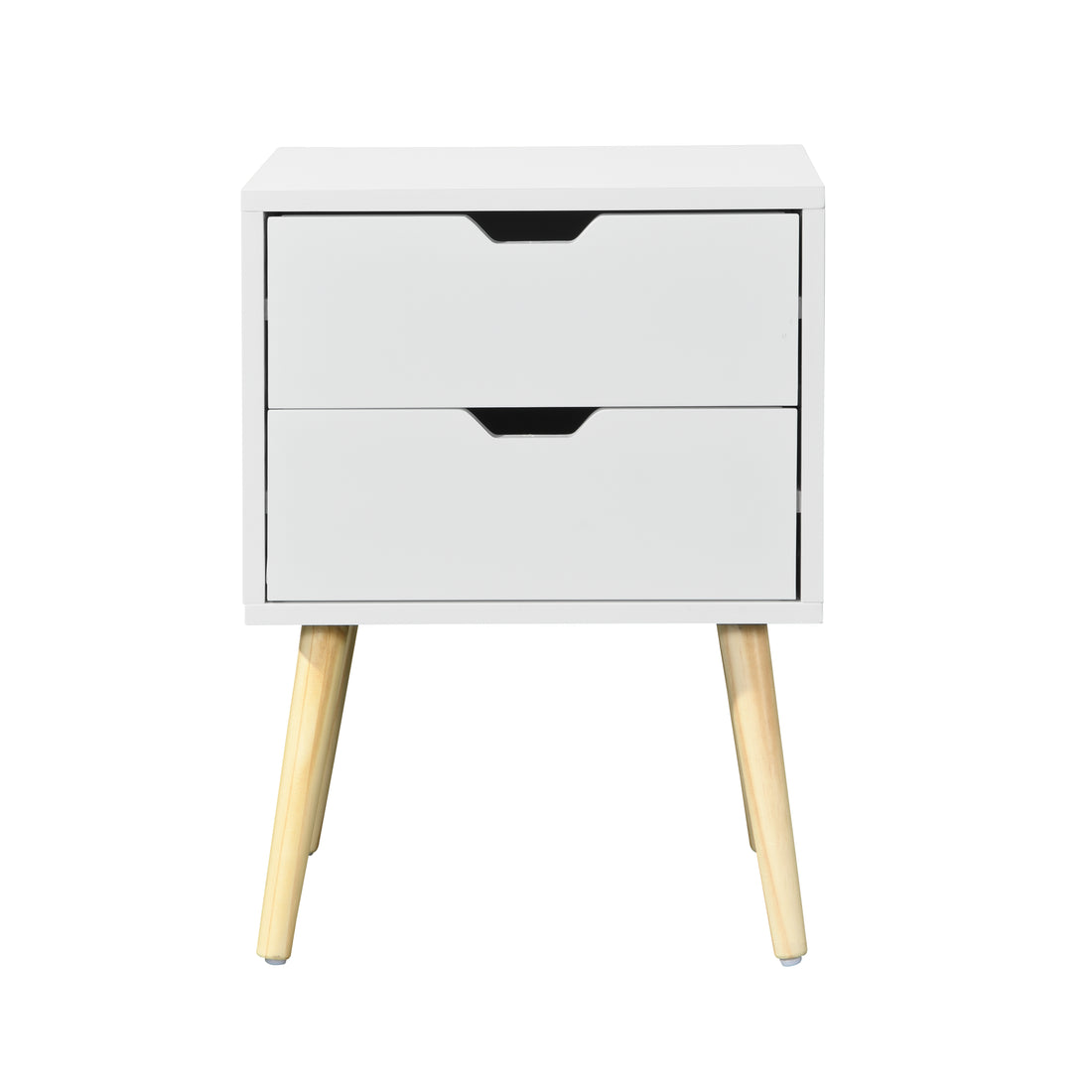 Side Table With 2 Drawer And Rubber Wood Legs, Mid Century Modern Storage Cabinet For Bedroom Living Room Furniture, White White Mdf