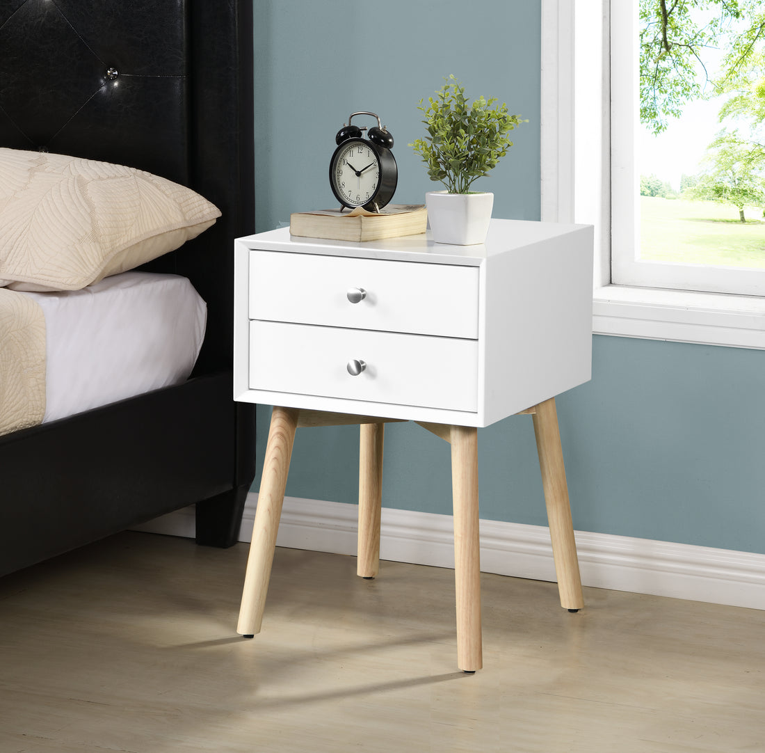 Zfztimber Side Table,Bedside Table With 2 Drawers And Rubber Wood Legs, Mid Century Modern Storage Cabinet For Bedroom Living Room, White White Mdf