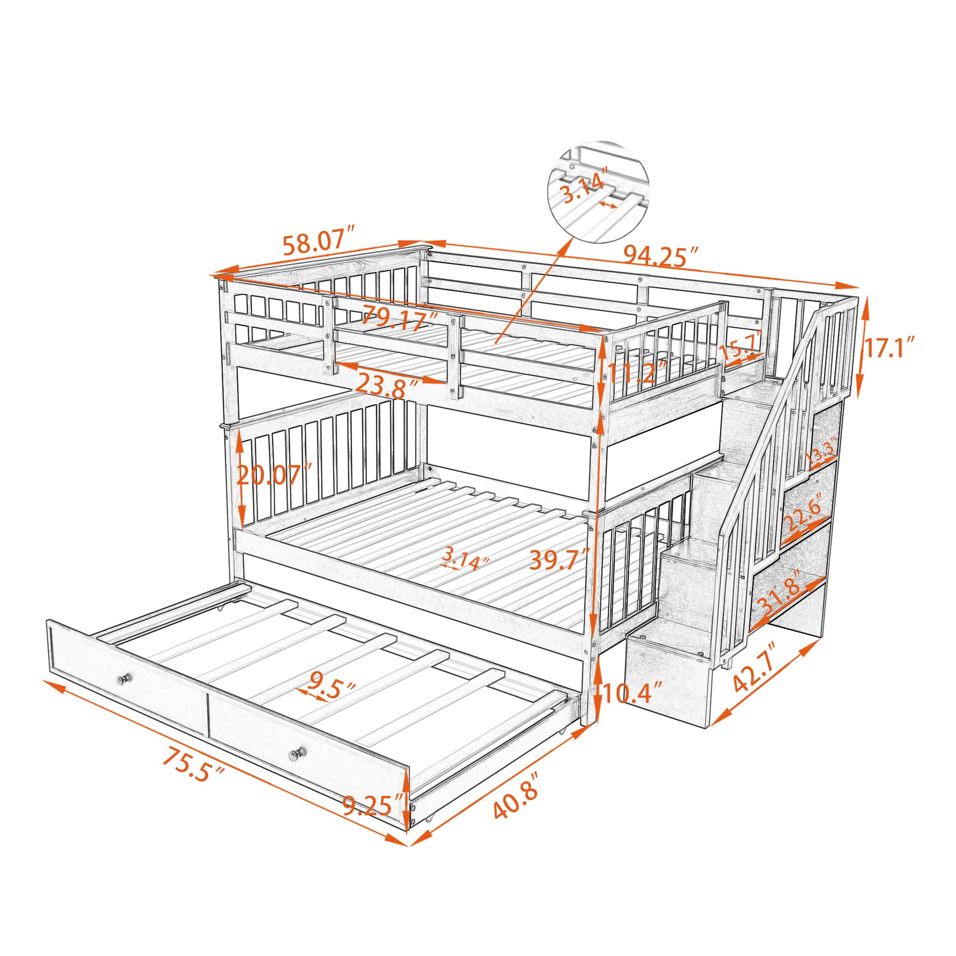 Stairway Full Over Full Bunk Bed With Twin Size Trundle, Storage And Guard Rail For Bedroom, Dorm White Old Sku :Lp001210Aak White Solid Wood