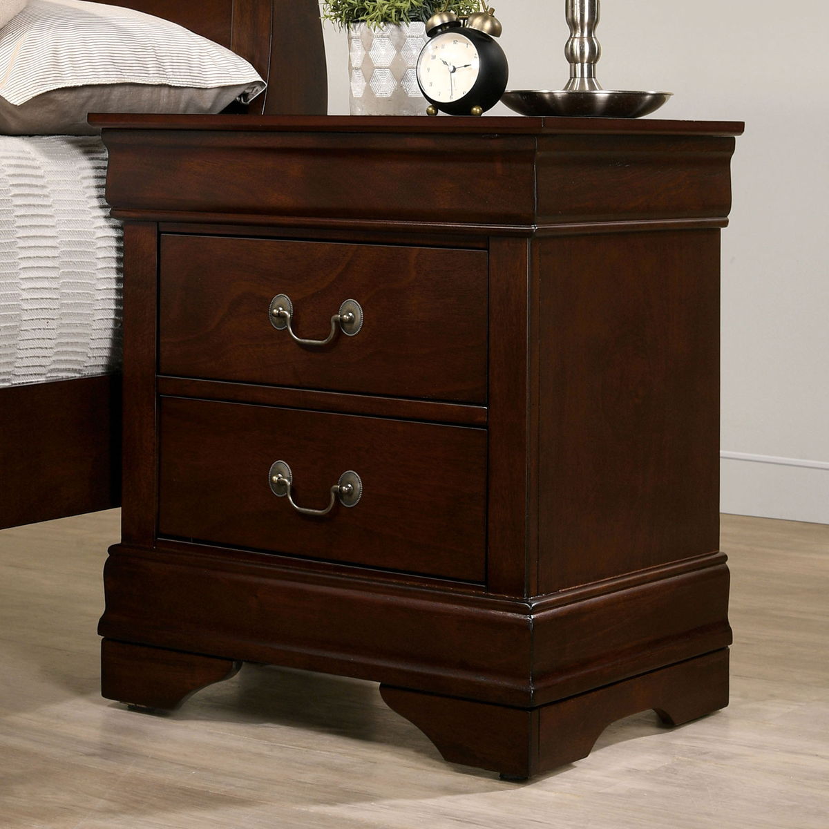 1Pc Nightstand Cherry Finish Louis Philippe Solid Wood English Dovetail Construction Antique Nickle Hanging Pulls Cherry Brown 2 Drawers Bedroom Bedside Cabinet Contemporary,Modern,Transitional Rubberwood Drawers Cherry Solid Wood