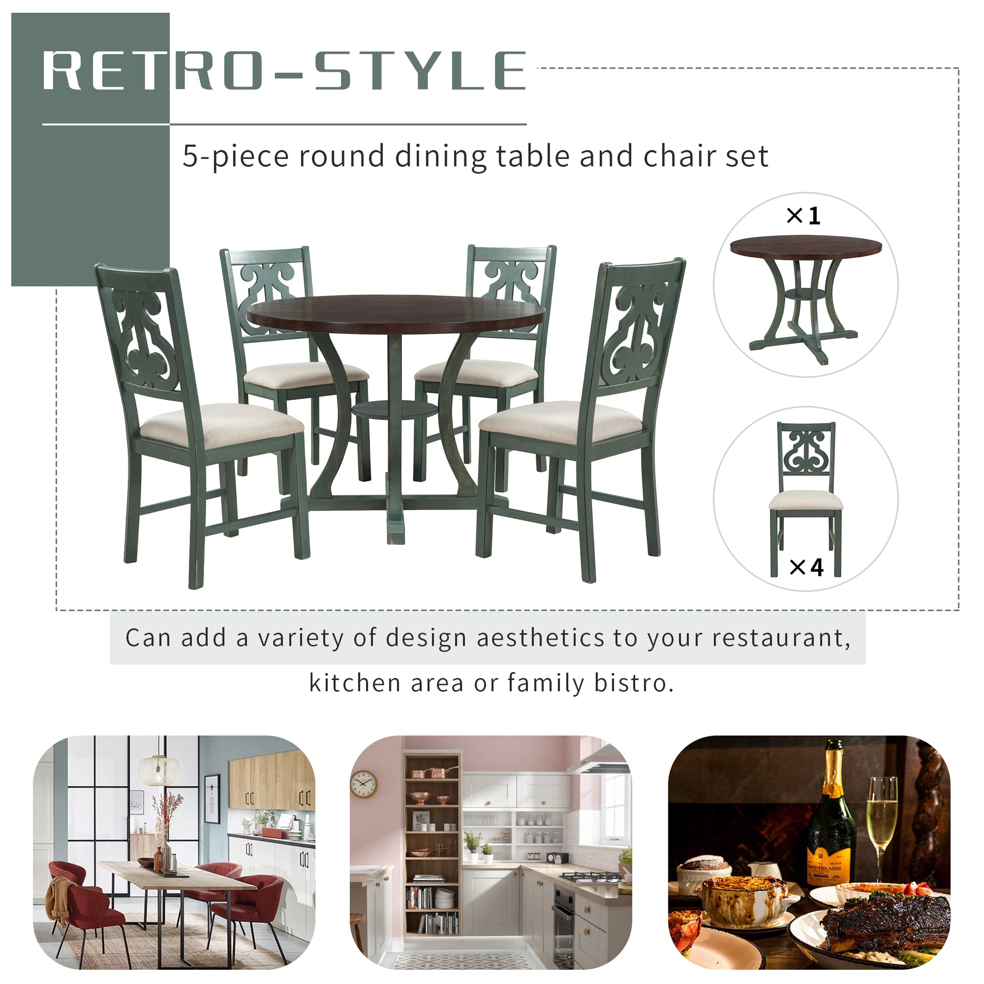 5 Piece Round Dining Table And 4 Fabric Chairs With Special Shaped Table Legs And Storage Shelf Antique Blue Dark Brown Dark Brown,Viridian Mdf