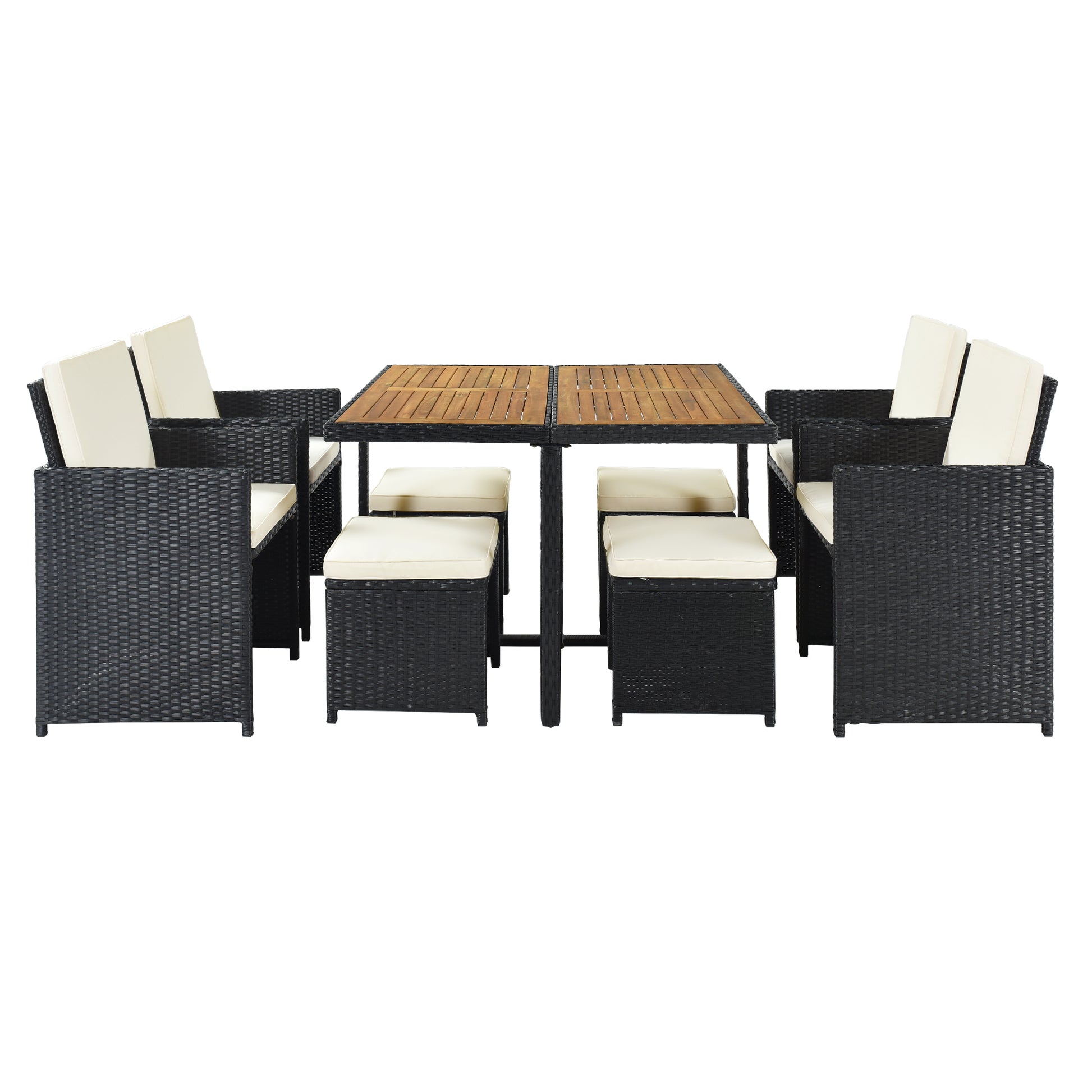 Patio All Weather Pe Wicker Dining Table Set With Wood Tabletop For 8, Black Rattan Beige Cushion 9 Piece Yes Complete Patio Set Black Water Resistant Frame Water Resistant Cushion Garden & Outdoor Casual Complete Patio Sets Foam Rattan