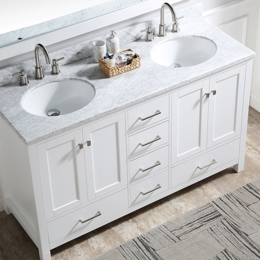 60" Double Bathroom Vanity Cabinet With Carrera Marble Top In White With Ceramic Sink And Back Splash White Plywood