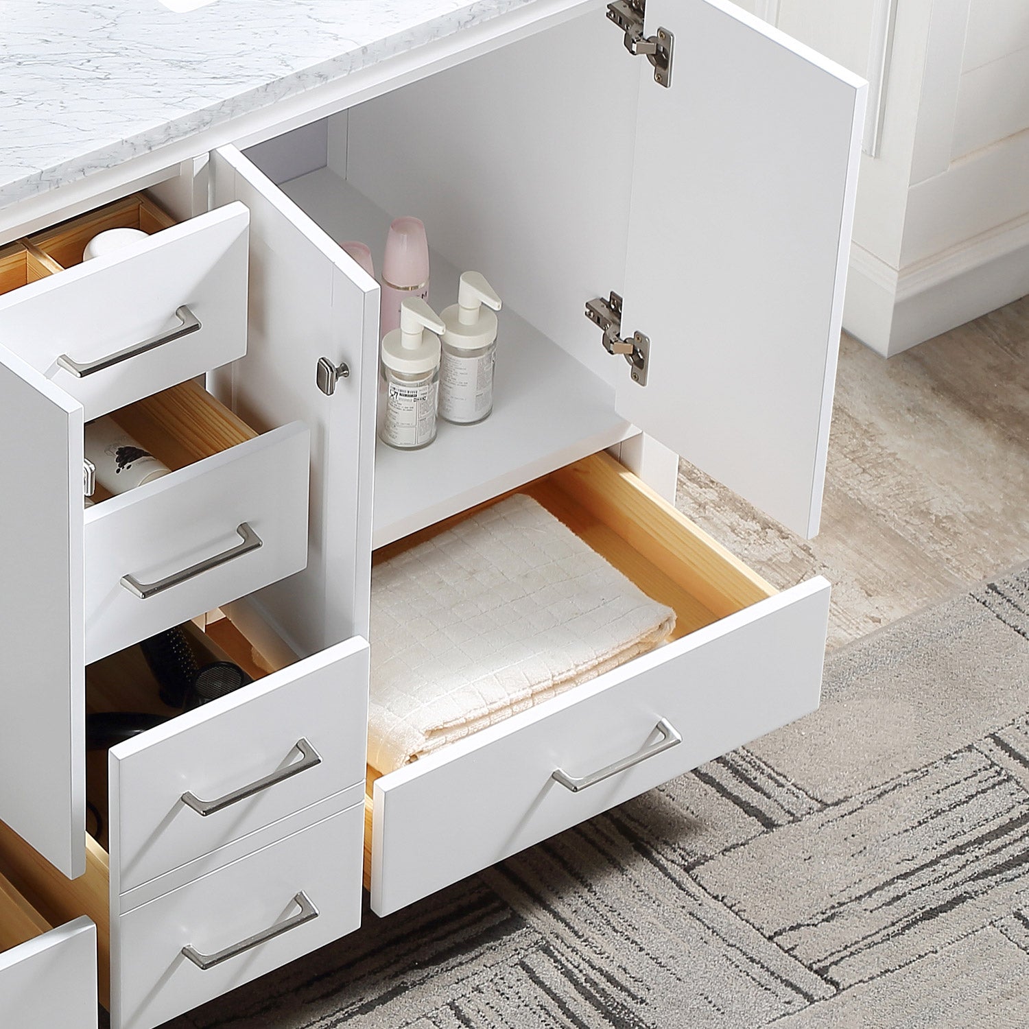 60" Double Bathroom Vanity Cabinet With Carrera Marble Top In White With Ceramic Sink And Back Splash White Plywood