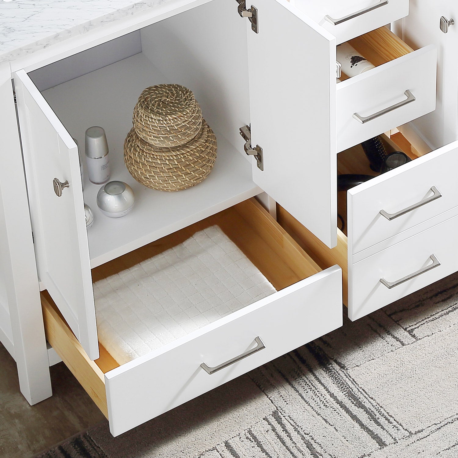 60" Double Bathroom Vanity Cabinet With Carrera Marble Top In White With Ceramic Sink And Back Splash White Plywood