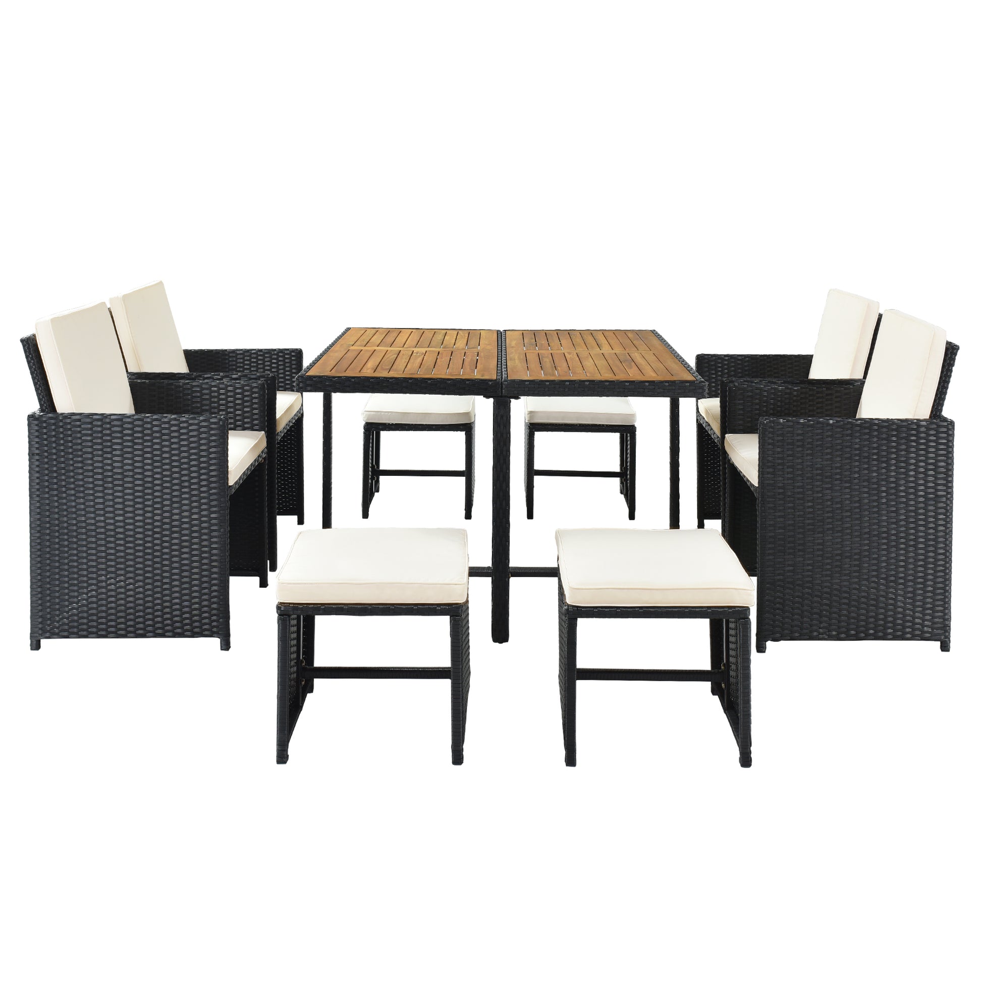 Patio All Weather Pe Wicker Dining Table Set With Wood Tabletop For 8, Black Rattan Beige Cushion 9 Piece No Complete Patio Set Black Water Resistant Frame Water Resistant Cushion Garden & Outdoor Casual Complete Patio Sets Foam Rattan