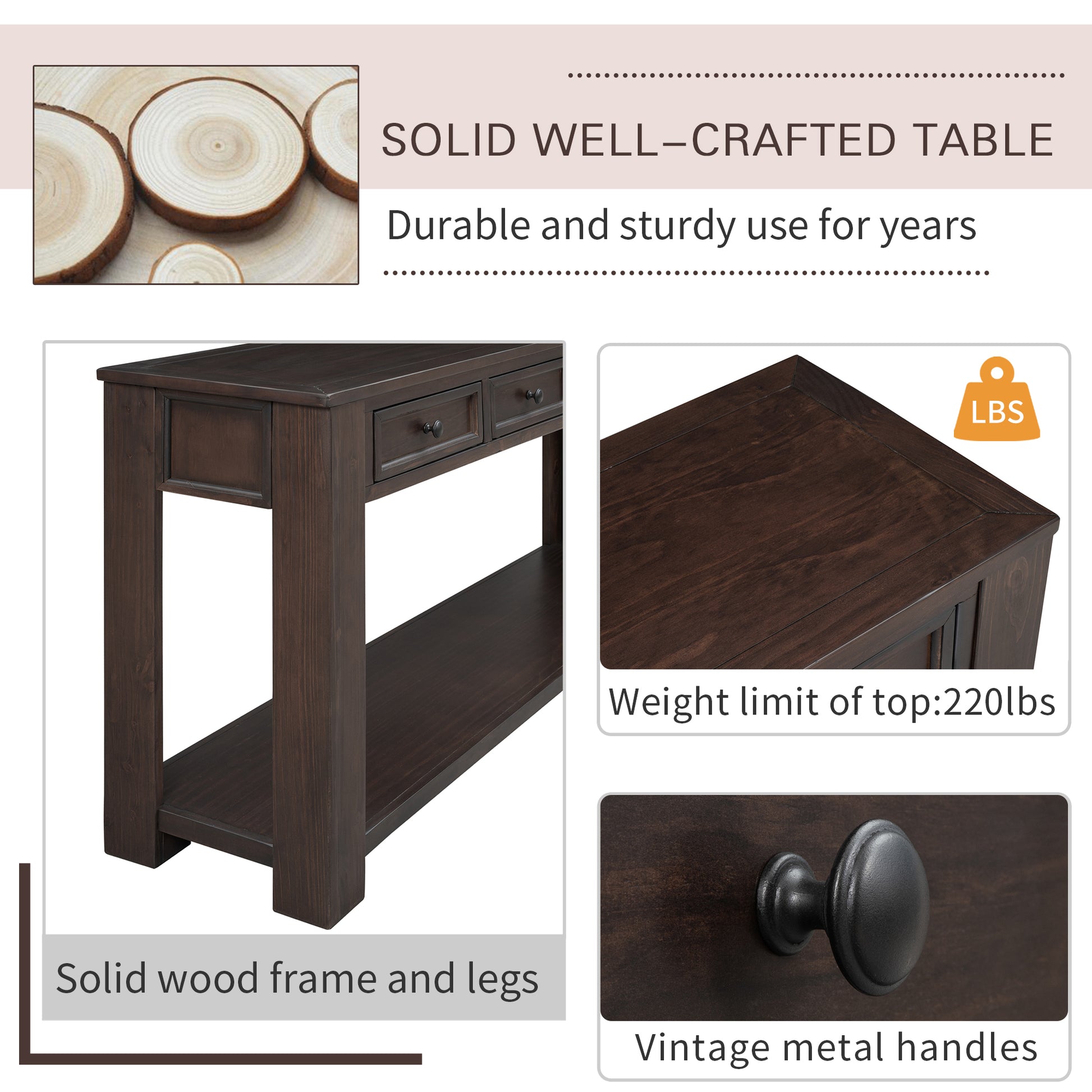 Console Table Sofa Table With Storage Drawers And Bottom Shelf For Entryway Hallway Espresso Espresso Solid Wood