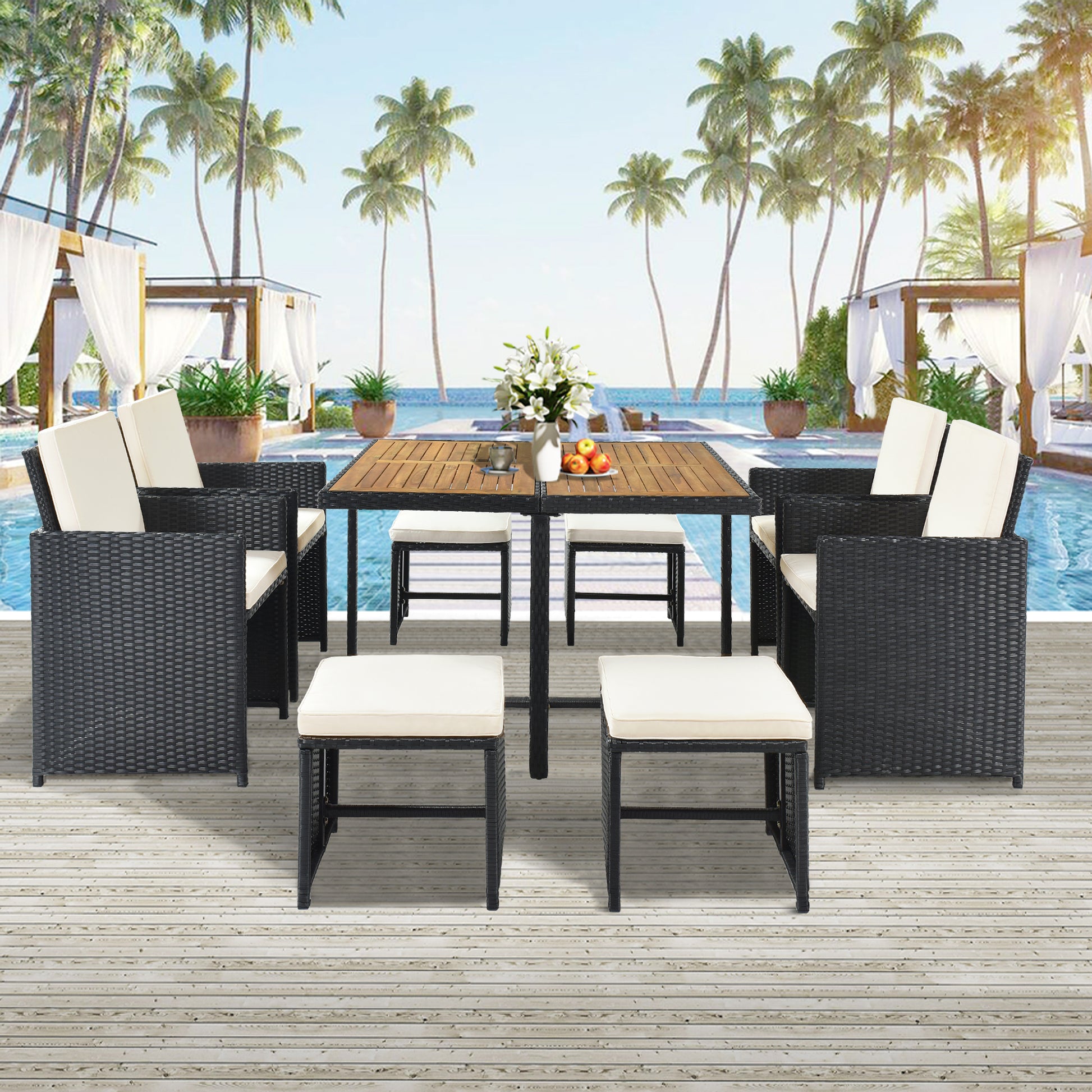 Patio All Weather Pe Wicker Dining Table Set With Wood Tabletop For 8, Black Rattan Beige Cushion 9 Piece No Complete Patio Set Black Water Resistant Frame Water Resistant Cushion Garden & Outdoor Casual Complete Patio Sets Foam Rattan