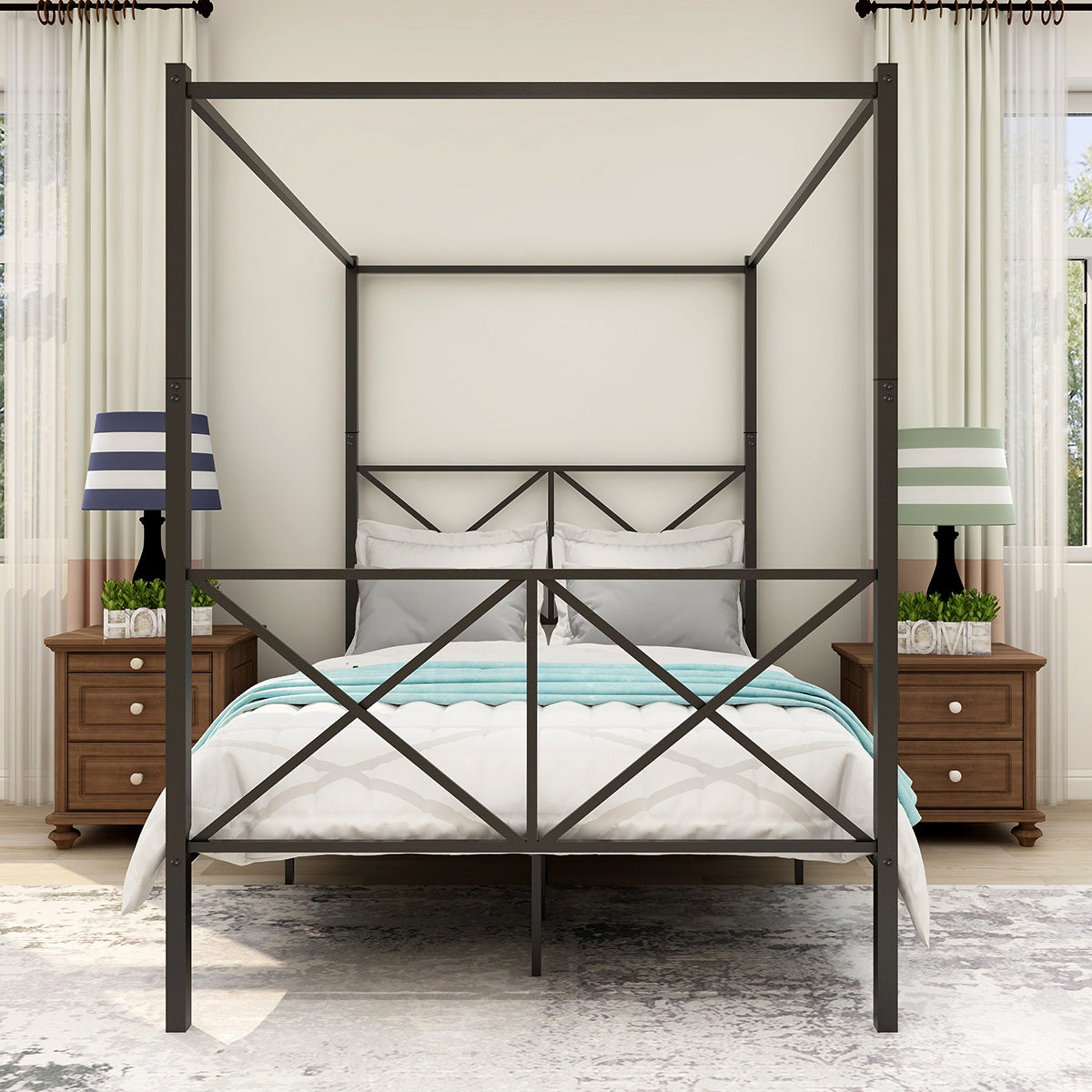 Metal Canopy Bed Frame, Platform Bed Frame with X black-metal