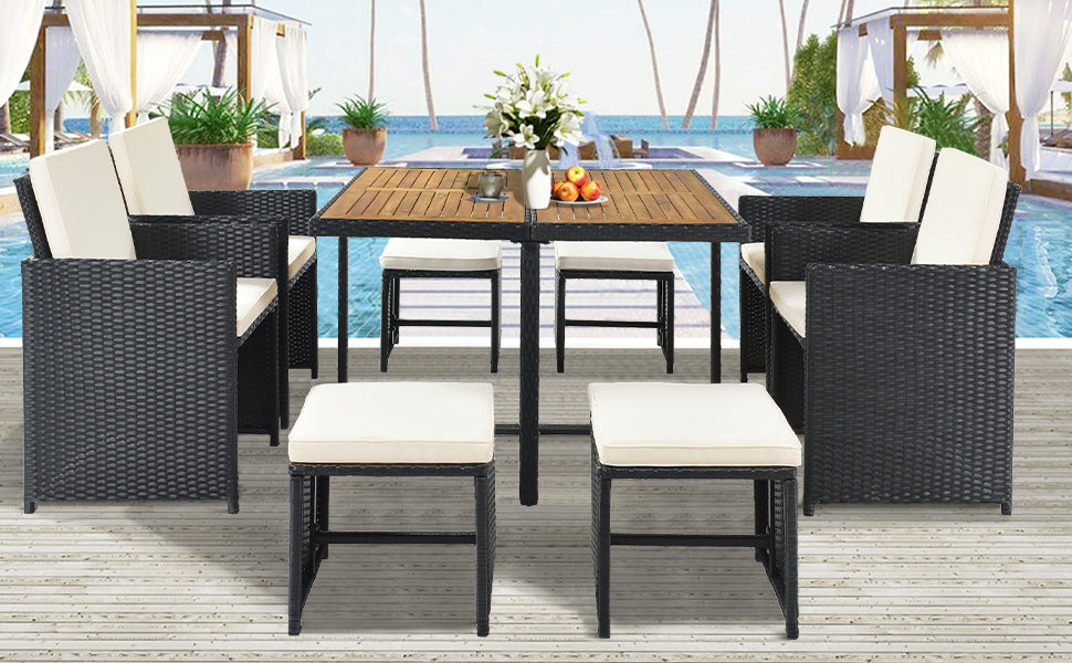 Patio All Weather Pe Wicker Dining Table Set With Wood Tabletop For 8, Black Rattan Beige Cushion 9 Piece No Complete Patio Set Black Water Resistant Frame Water Resistant Cushion Garden & Outdoor Casual Complete Patio Sets Foam Rattan