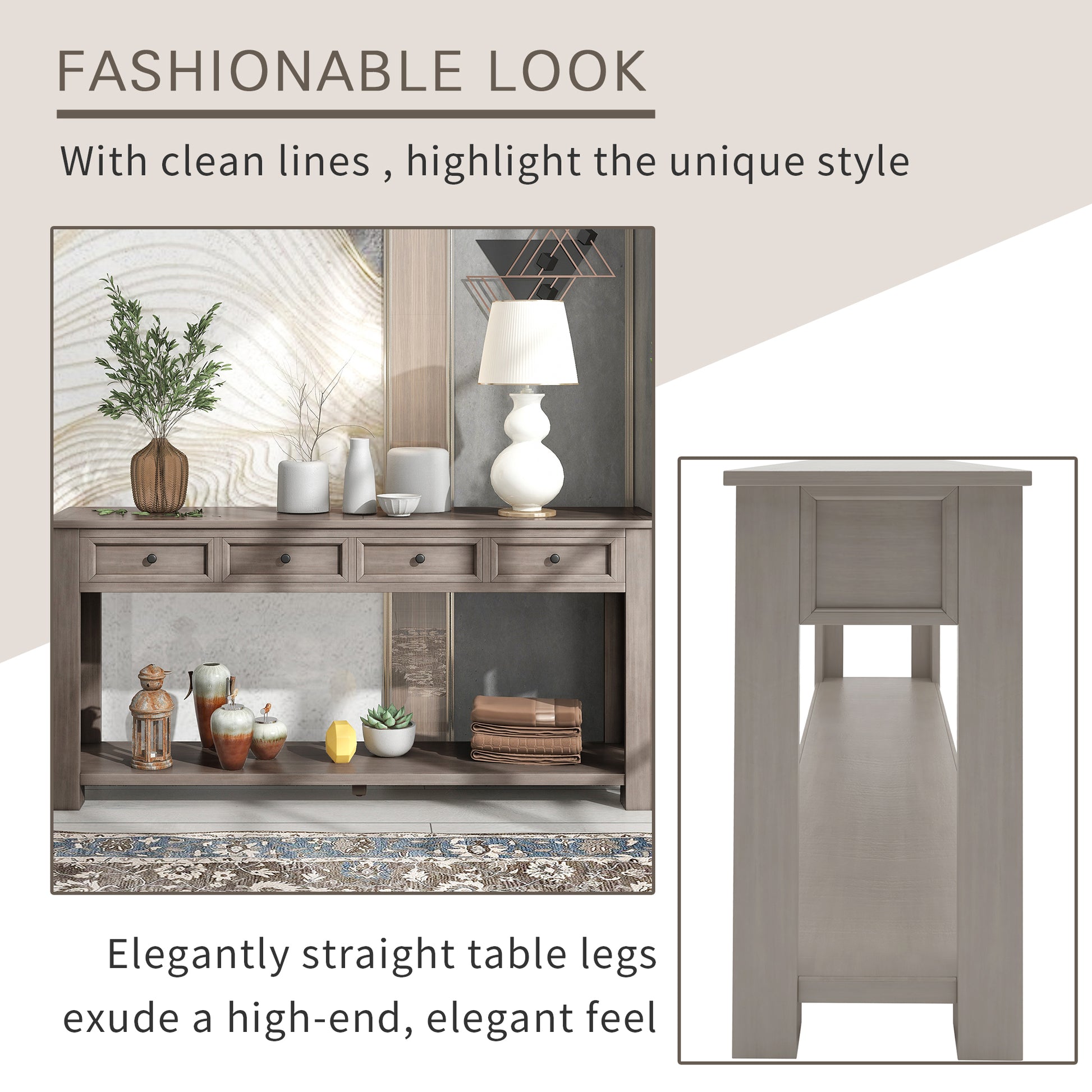 Console Table Sofa Table With Storage Drawers And Bottom Shelf For Entryway Hallway Gray Wash Gray Wash Solid Wood