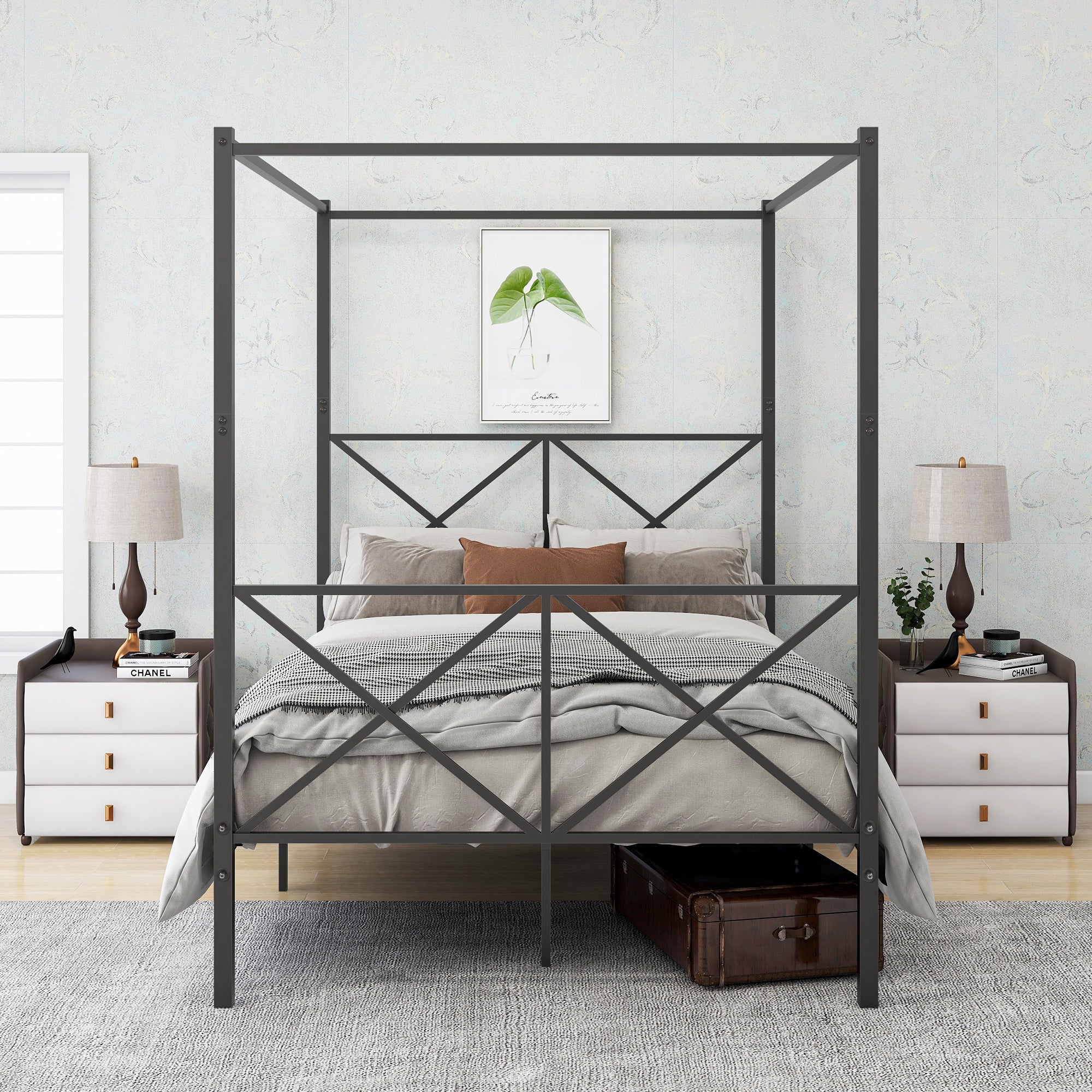 Metal Canopy Bed Frame, Platform Bed Frame with X black-metal