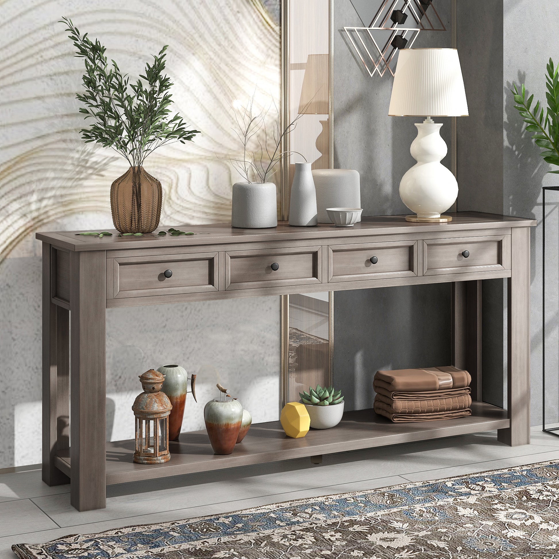 Console Table Sofa Table With Storage Drawers And Bottom Shelf For Entryway Hallway Gray Wash Gray Wash Solid Wood