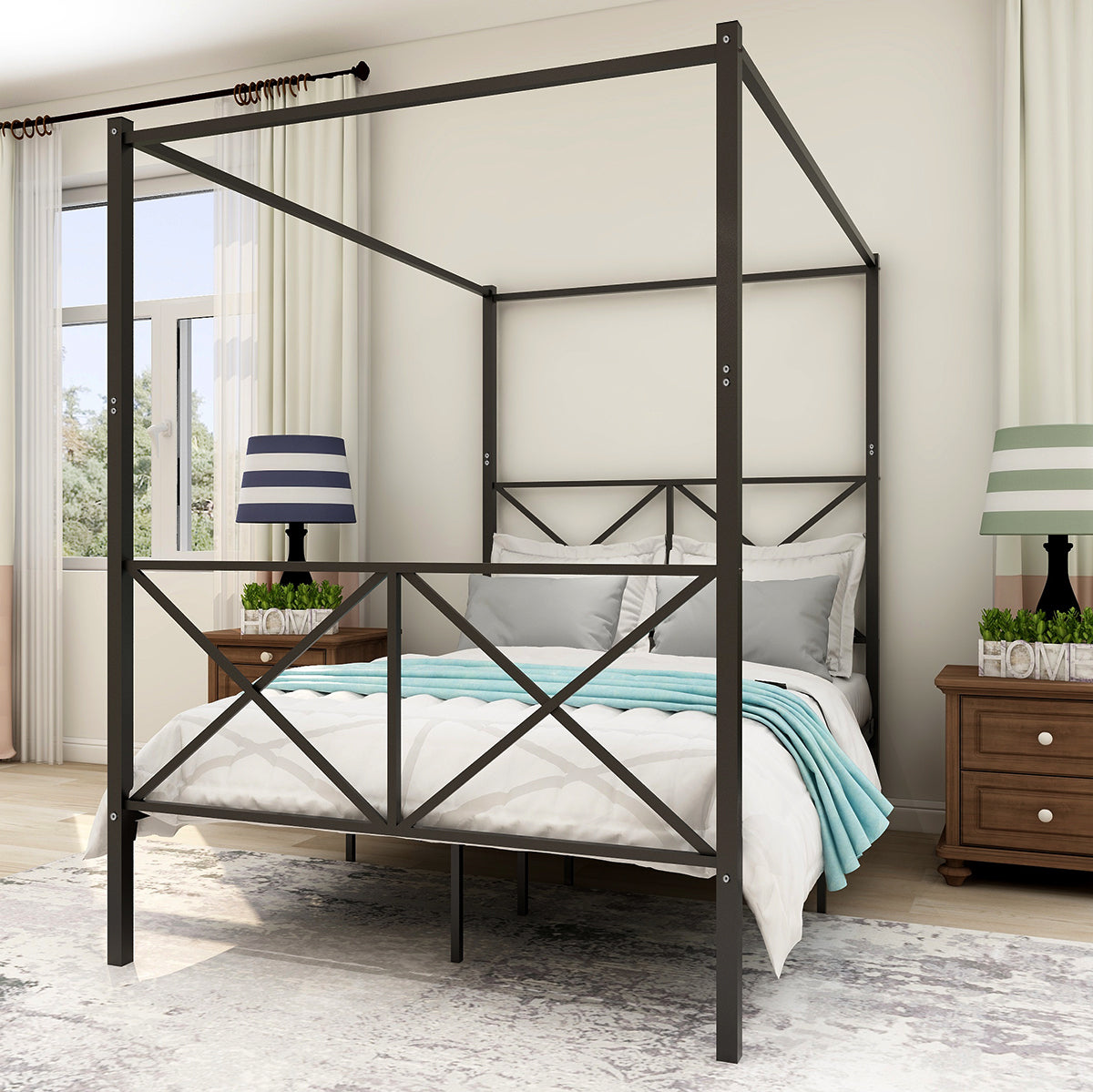 Metal Canopy Bed Frame, Platform Bed Frame With X Shaped Frame Full Black Black Metal