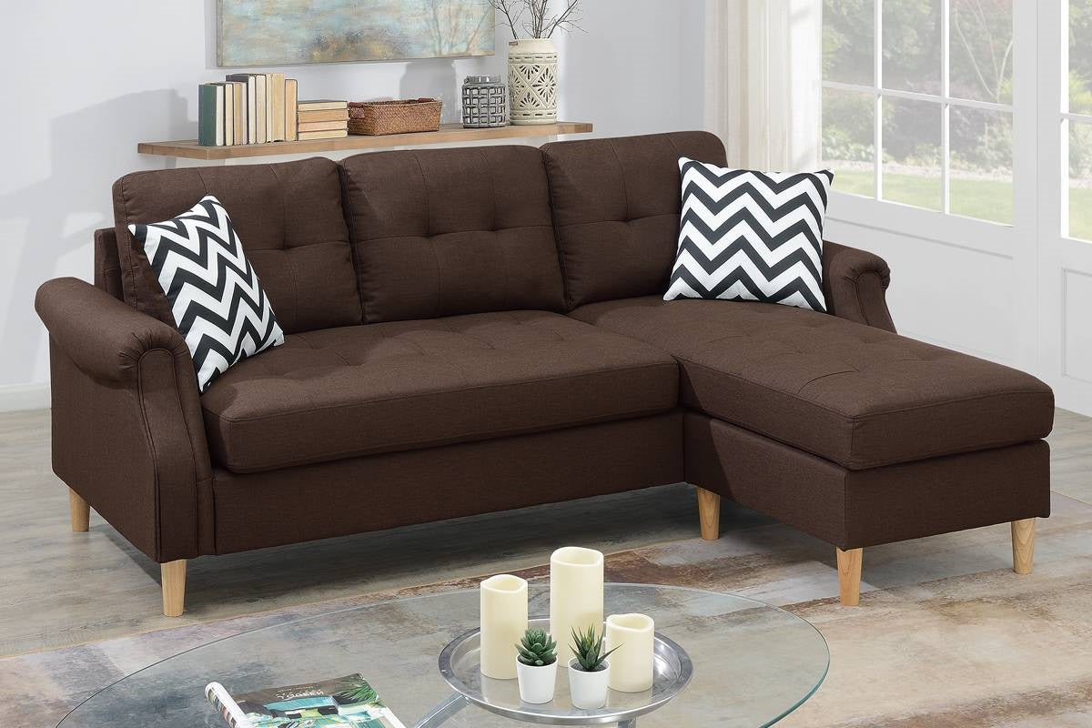 Living Room Corner Sectional Dark Coffee Polyfiber Chaise Sofa Reversible Sectional Coffee Primary Living Space Tufted Back Contemporary,Modern L Shaped Rubberwood Rolled Arms Solid Wood 4 Seat