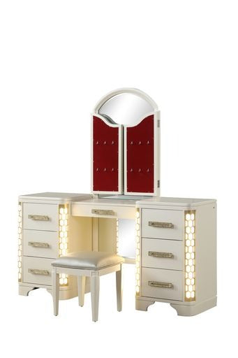 Vanity Set With Side Led Lightning Made With Wood In Beige Beige Drawer 5 Drawers & Above Ball Bearing Glides Bedroom Contemporary,Modern Acacia Mirror Included Solid Wood Mdf Wood