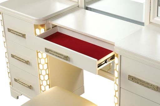 Vanity Set With Side Led Lightning Made With Wood In Beige Beige Drawer 5 Drawers & Above Ball Bearing Glides Bedroom Contemporary,Modern Acacia Mirror Included Solid Wood Mdf Wood