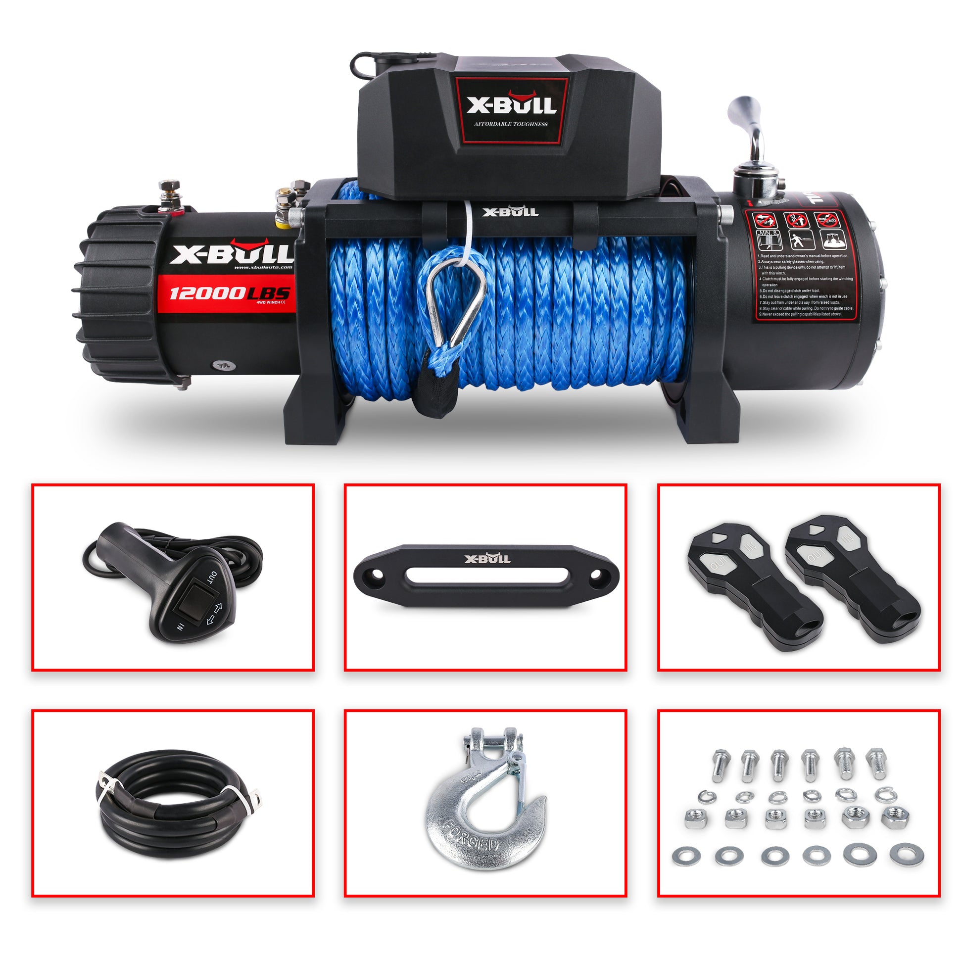 X BULL 12000 lbs Electric Winch Synthetic Rope Trailer black-stainless steel