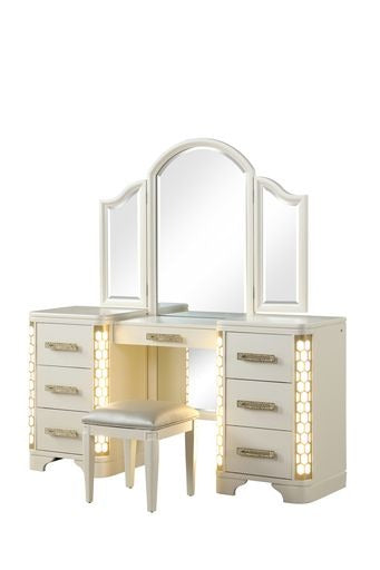 Vanity Set With Side Led Lightning Made With Wood In Beige Beige Drawer 5 Drawers & Above Ball Bearing Glides Bedroom Contemporary,Modern Acacia Mirror Included Solid Wood Mdf Wood