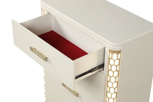 Jasmine 5 Drawer Chest With Side Led Lightning Made With Wood In Beige Beige Bedroom Modern Acacia Upholstered Wood