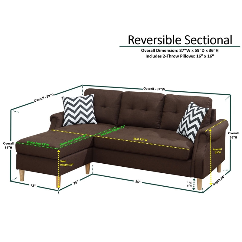 Living Room Corner Sectional Dark Coffee Polyfiber Chaise Sofa Reversible Sectional Coffee Primary Living Space Tufted Back Contemporary,Modern L Shaped Rubberwood Rolled Arms Solid Wood 4 Seat