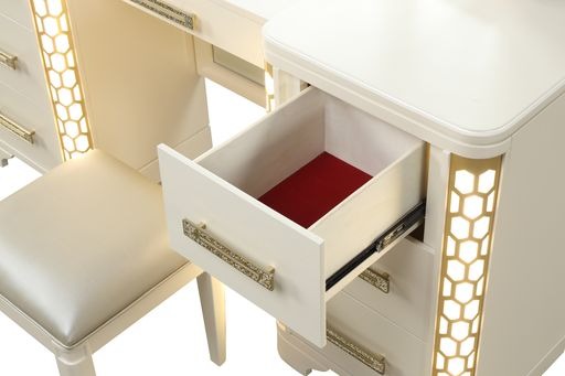 Vanity Set With Side Led Lightning Made With Wood In Beige Beige Drawer 5 Drawers & Above Ball Bearing Glides Bedroom Contemporary,Modern Acacia Mirror Included Solid Wood Mdf Wood