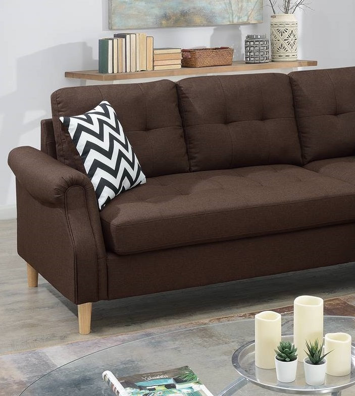 Living Room Corner Sectional Dark Coffee Polyfiber Chaise Sofa Reversible Sectional Coffee Primary Living Space Tufted Back Contemporary,Modern L Shaped Rubberwood Rolled Arms Solid Wood 4 Seat