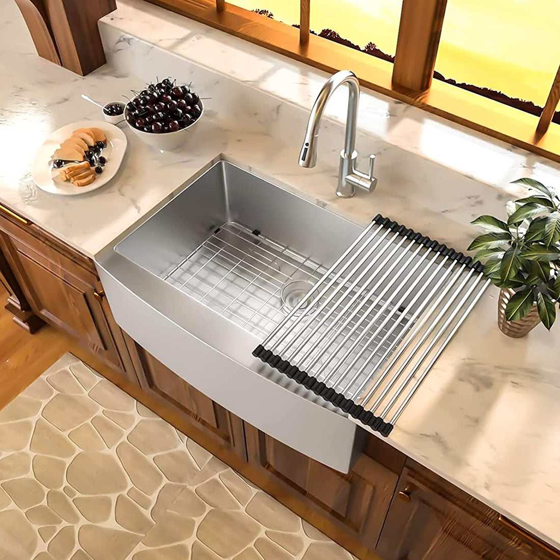 Brushed Nickel 16 Gauge Stainless Steel 33 In. Single Bowl Farmhouse Apron Kitchen Sink With Bottom Grid And Basket Strainer Brushed Nickel Stainless Steel