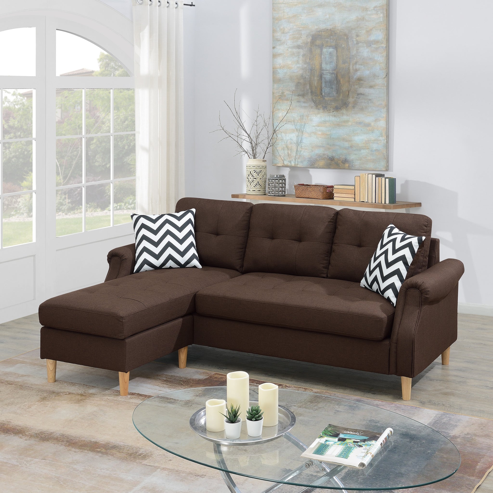 Living Room Corner Sectional Dark Coffee Polyfiber Chaise Sofa Reversible Sectional Coffee Primary Living Space Tufted Back Contemporary,Modern L Shaped Rubberwood Rolled Arms Solid Wood 4 Seat