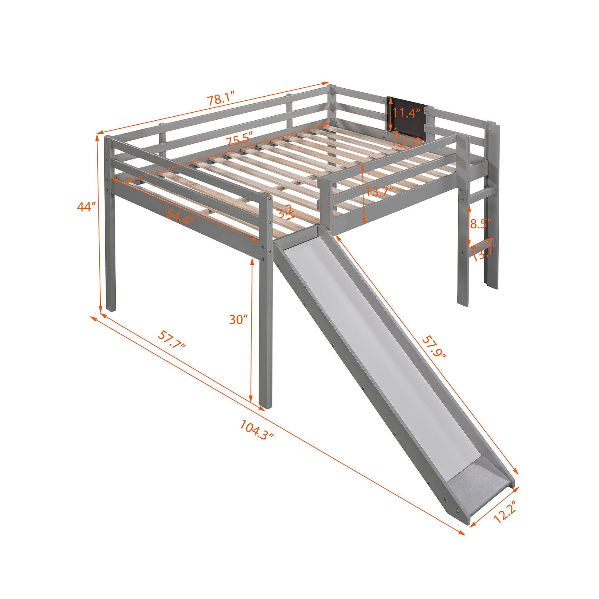 Full Size Loft Bed Wood Bed With Slide, Stair And Chalkboard,Gray Old Sku:Wf282116Aae Gray Solid Wood