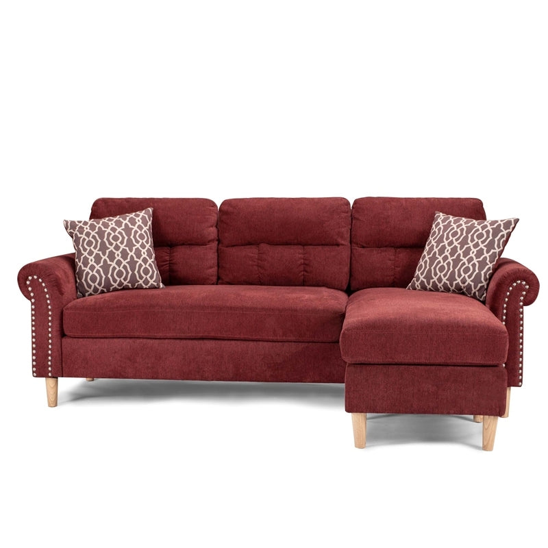 Paparika Red Color Polyfiber Reversible Sectional Sofa Set Chaise Pillows Plush Cushion Couch Nailheads Red Velvet Wood Primary Living Space Cushion Back Contemporary,Modern L Shaped Rolled Arms Fabric 4 Seat