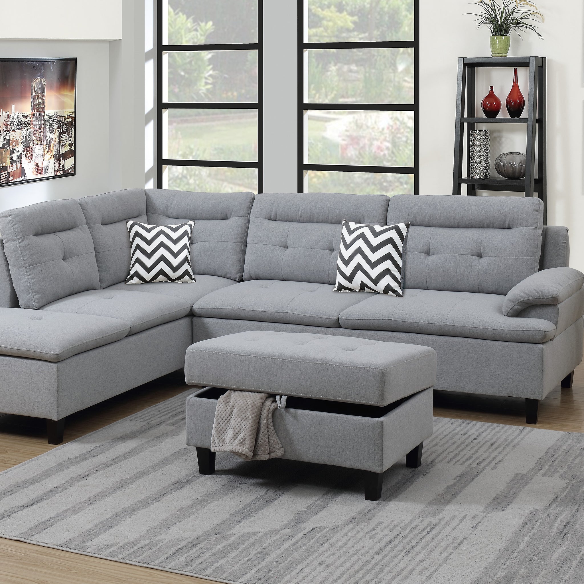 Living Room Furniture Grey Cushion Sectional W Ottoman Linen Like Fabric Sofa Chaise Grey Wood Primary Living Space Cushion Back Classic,Contemporary,Modern L Shaped Pine Pillow Top Arms Solid Wood 4 Seat