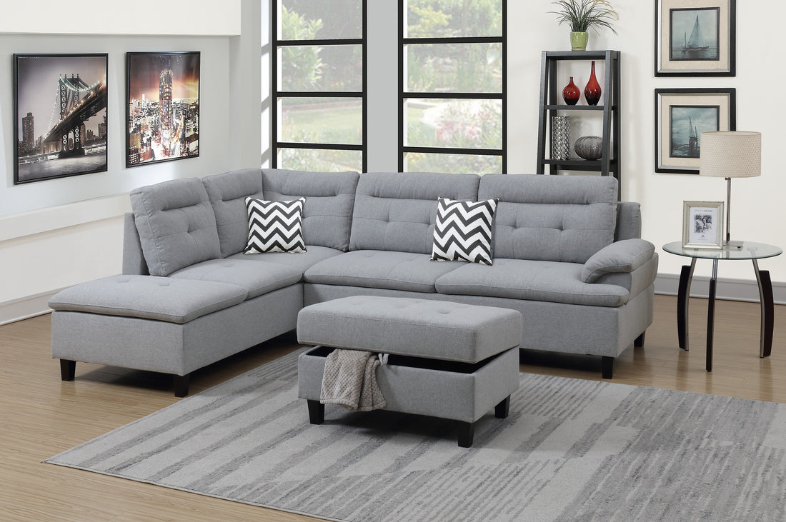 Living Room Furniture Grey Cushion Sectional W Ottoman Linen Like Fabric Sofa Chaise Grey Wood Primary Living Space Cushion Back Classic,Contemporary,Modern L Shaped Pine Pillow Top Arms Solid Wood 4 Seat