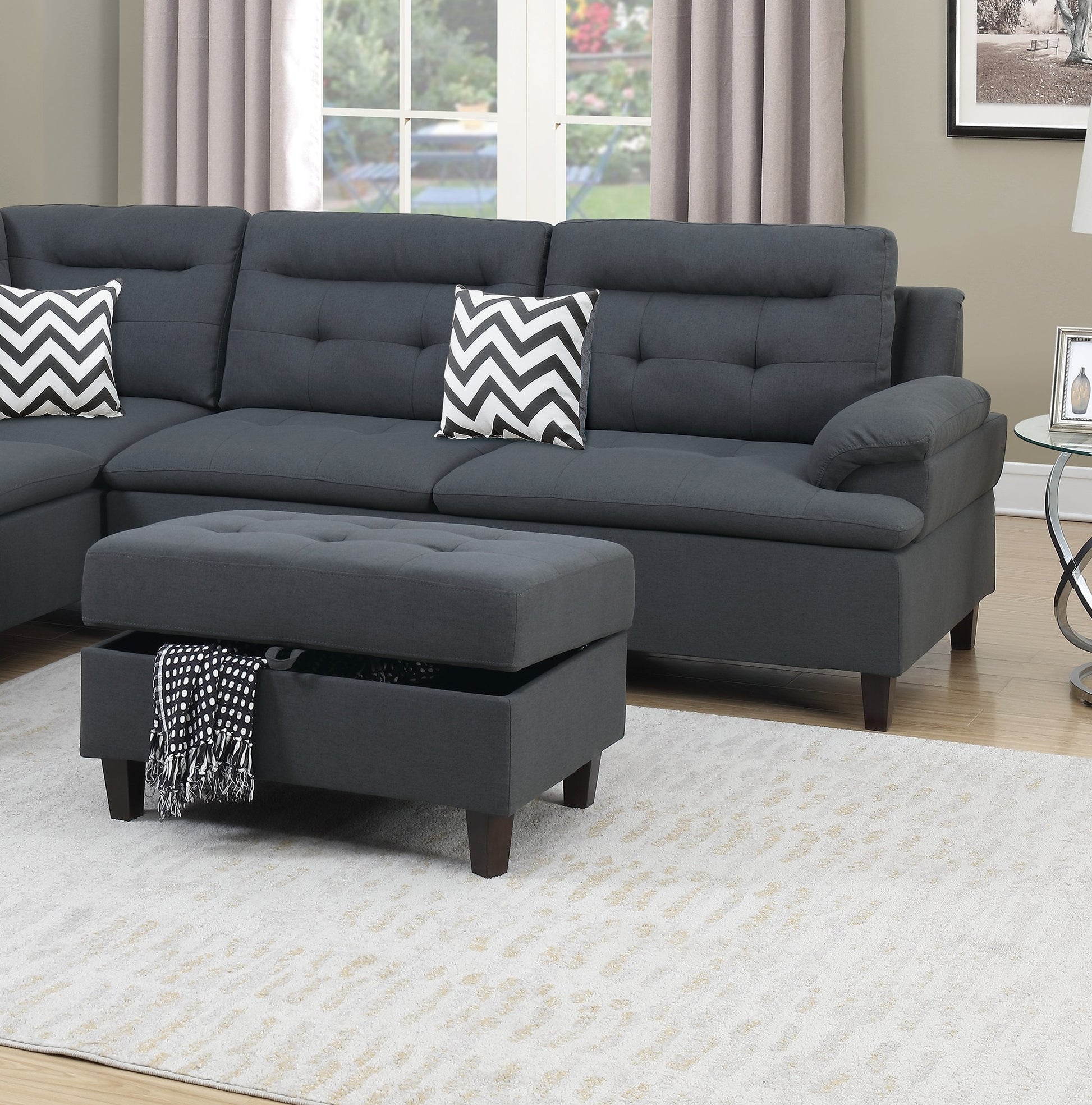 Living Room Furniture Charcoal Cushion Sectional W Ottoman Linen Like Fabric Sofa Chaise Charcoal Grey Wood Primary Living Space Tufted Back Classic,Contemporary,Modern L Shaped Pine Pillow Top Arms Solid Wood 4 Seat