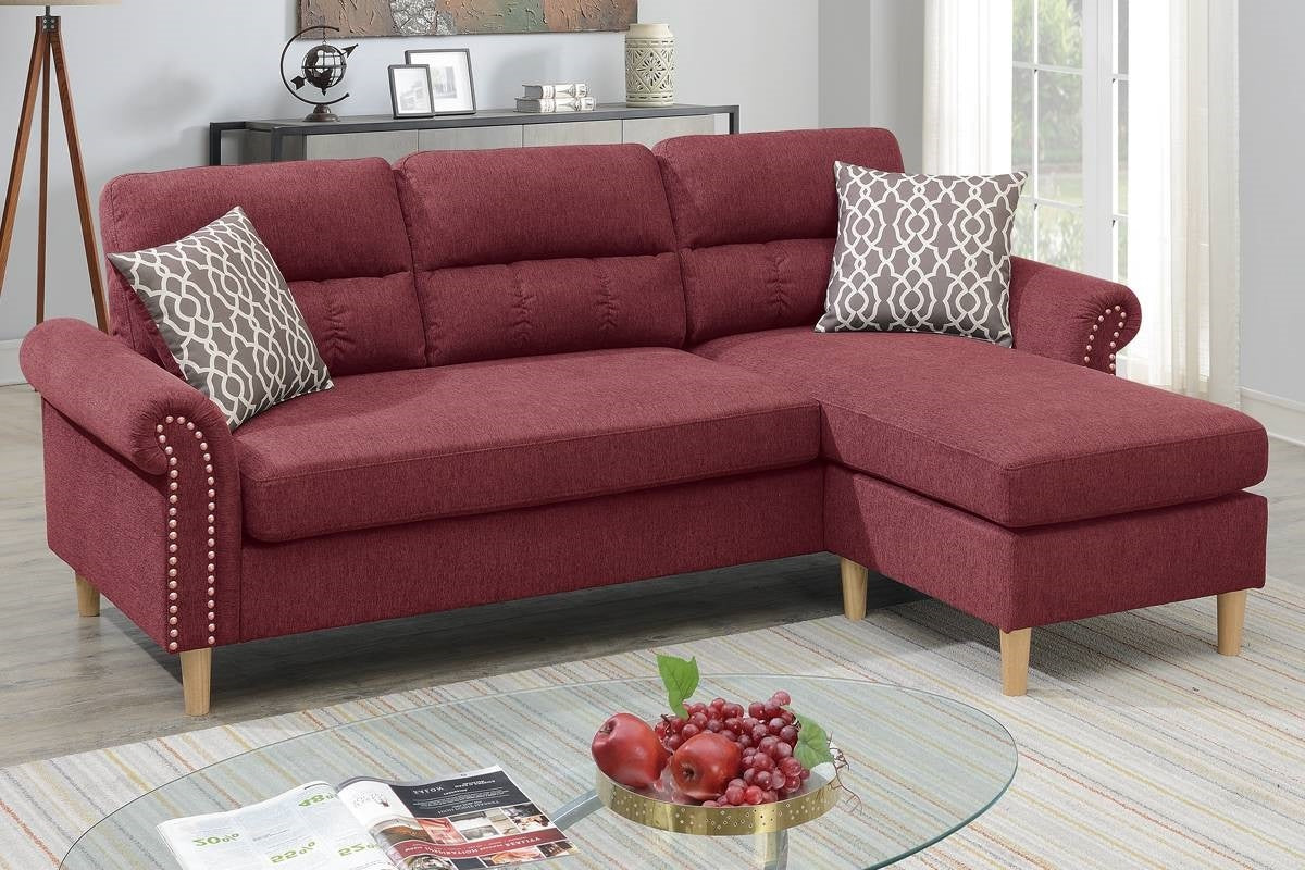 Paparika Red Color Polyfiber Reversible Sectional Sofa Set Chaise Pillows Plush Cushion Couch Nailheads Red Velvet Wood Primary Living Space Cushion Back Contemporary,Modern L Shaped Rolled Arms Fabric 4 Seat