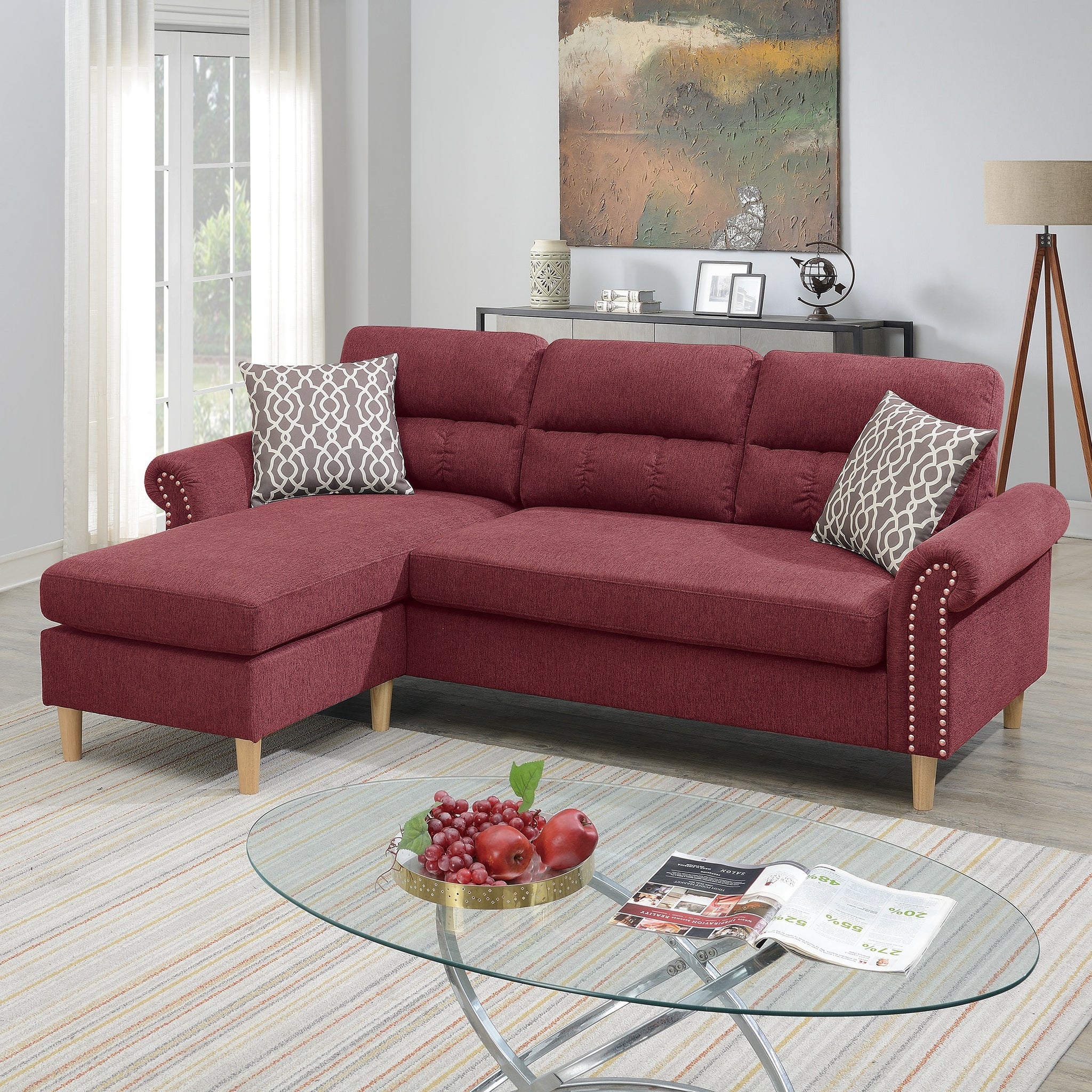 Paparika Red Color Polyfiber Reversible Sectional Sofa Set Chaise Pillows Plush Cushion Couch Nailheads Red Velvet Wood Primary Living Space Cushion Back Contemporary,Modern L Shaped Rolled Arms Fabric 4 Seat