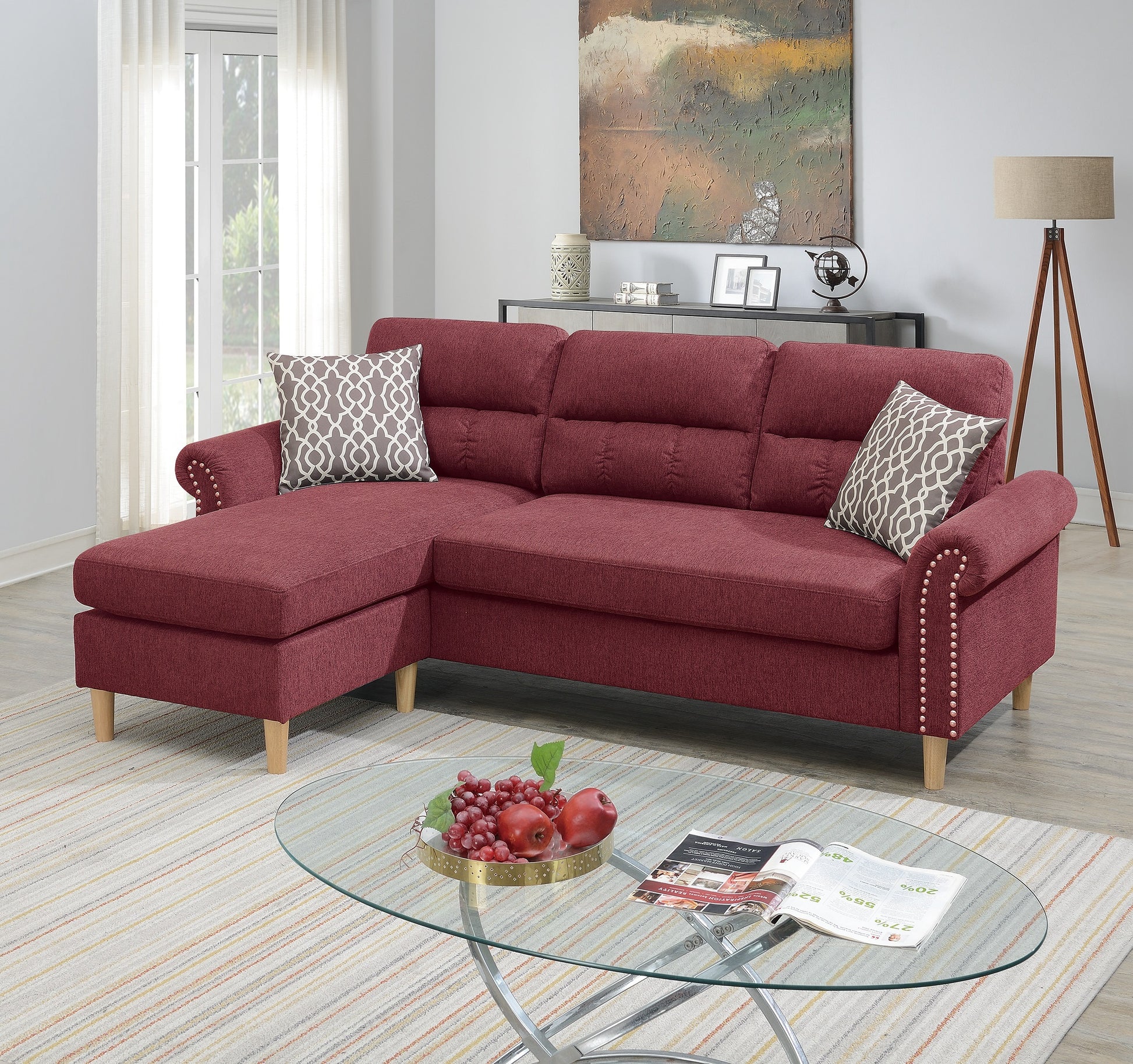 Paparika Red Color Polyfiber Reversible Sectional Sofa Set Chaise Pillows Plush Cushion Couch Nailheads Red Velvet Wood Primary Living Space Cushion Back Contemporary,Modern L Shaped Rolled Arms Fabric 4 Seat