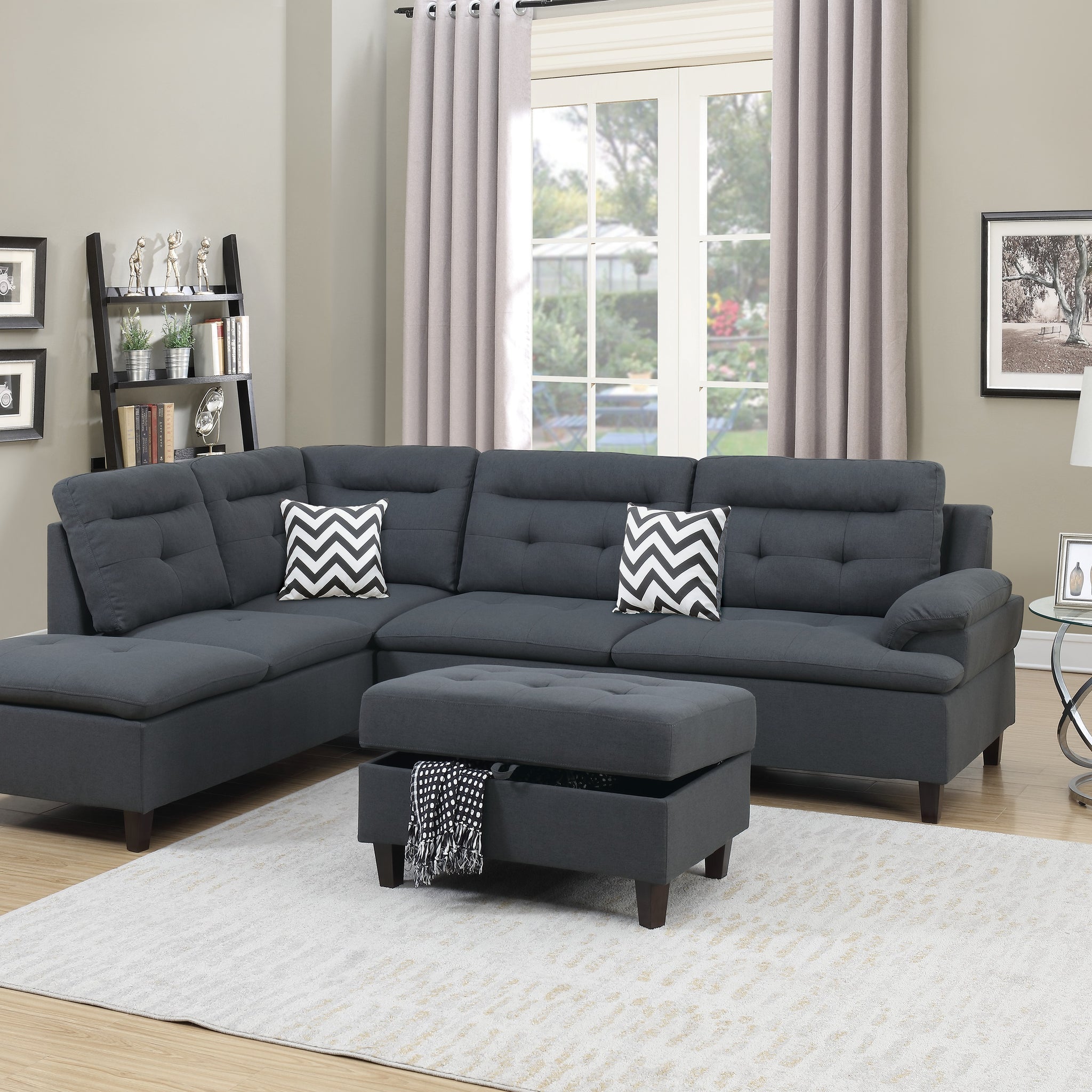 Living Room Furniture Charcoal Cushion Sectional W Ottoman Linen Like Fabric Sofa Chaise Charcoal Grey Wood Primary Living Space Tufted Back Classic,Contemporary,Modern L Shaped Pine Pillow Top Arms Solid Wood 4 Seat