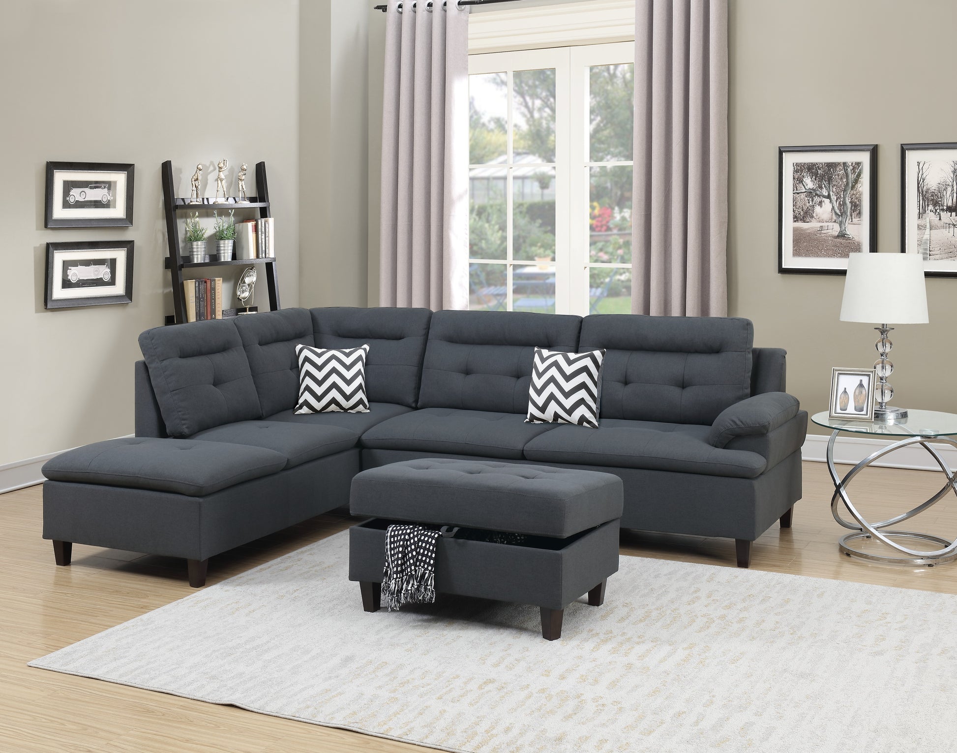 Living Room Furniture Charcoal Cushion Sectional W Ottoman Linen Like Fabric Sofa Chaise Charcoal Grey Wood Primary Living Space Tufted Back Classic,Contemporary,Modern L Shaped Pine Pillow Top Arms Solid Wood 4 Seat