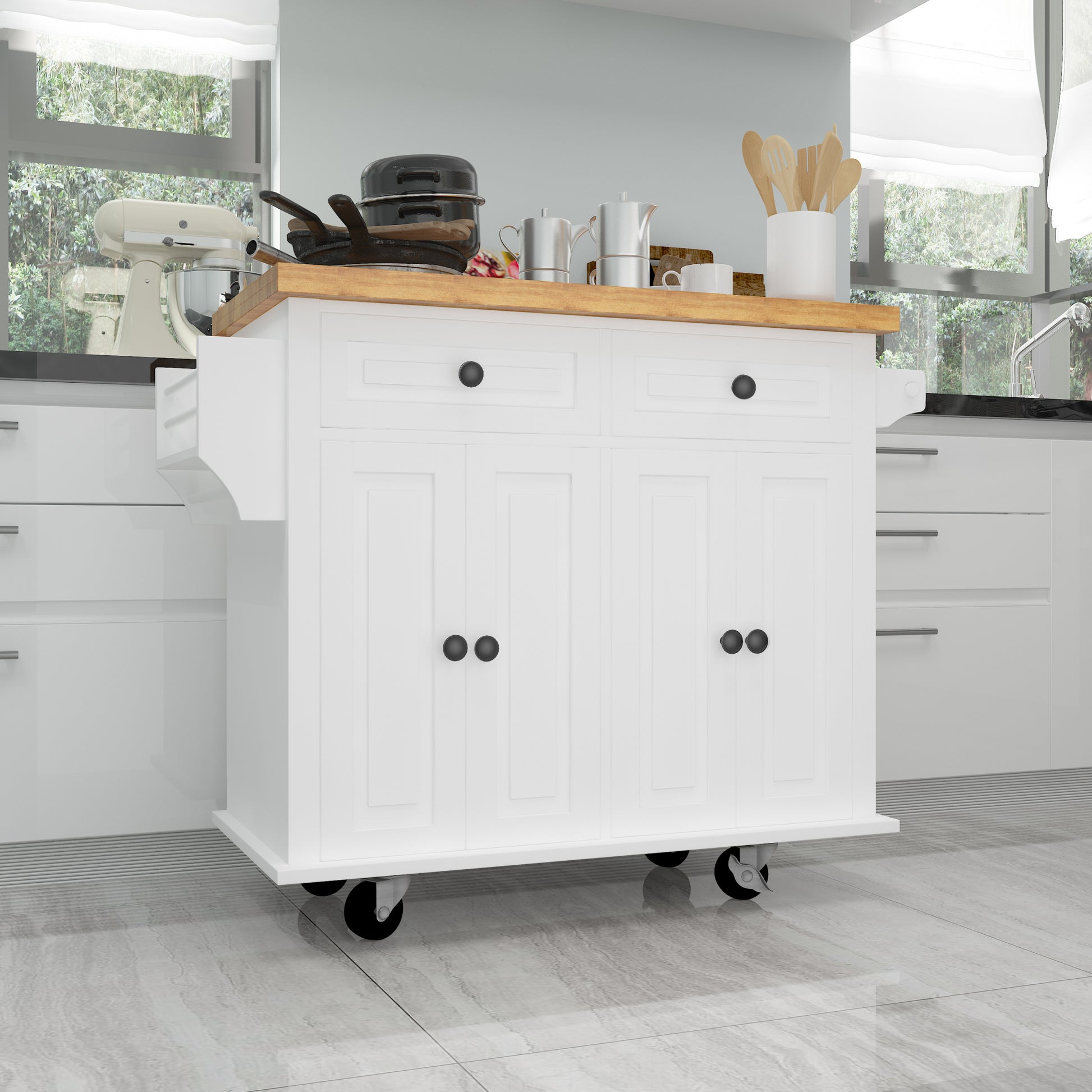 Kitchen Island Cart with Two Storage Cabinets and Two white-mdf