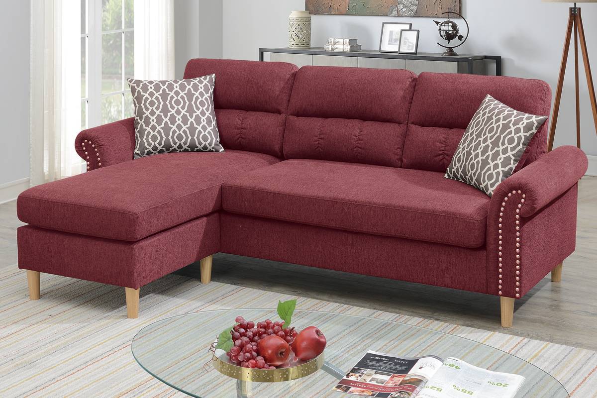 Paparika Red Color Polyfiber Reversible Sectional Sofa Set Chaise Pillows Plush Cushion Couch Nailheads Red Velvet Wood Primary Living Space Cushion Back Contemporary,Modern L Shaped Rolled Arms Fabric 4 Seat