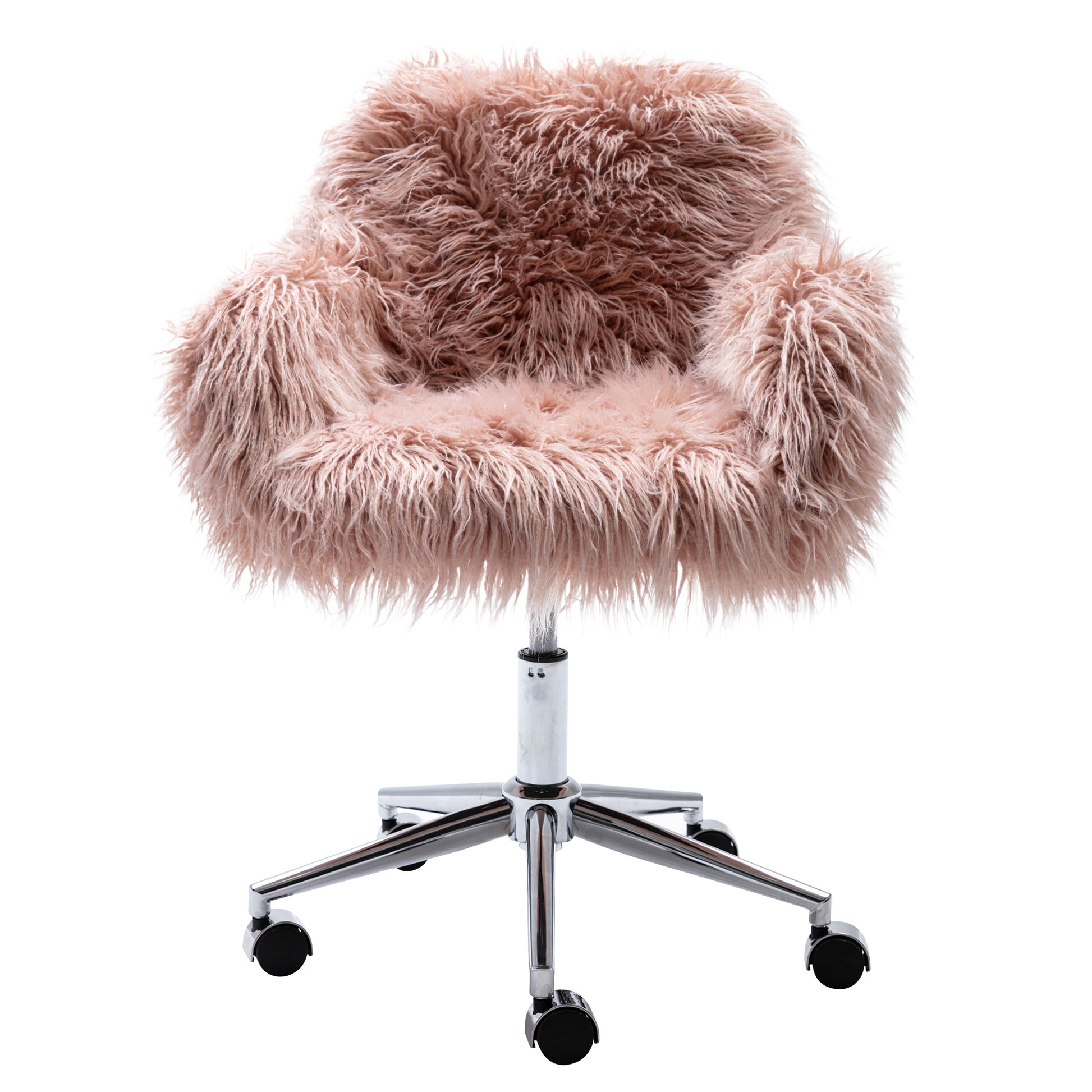 Hengming Modern Faux Fur Home Office Chair, Fluffy Chair For Girls, Makeup Vanity Chair Pink Steel